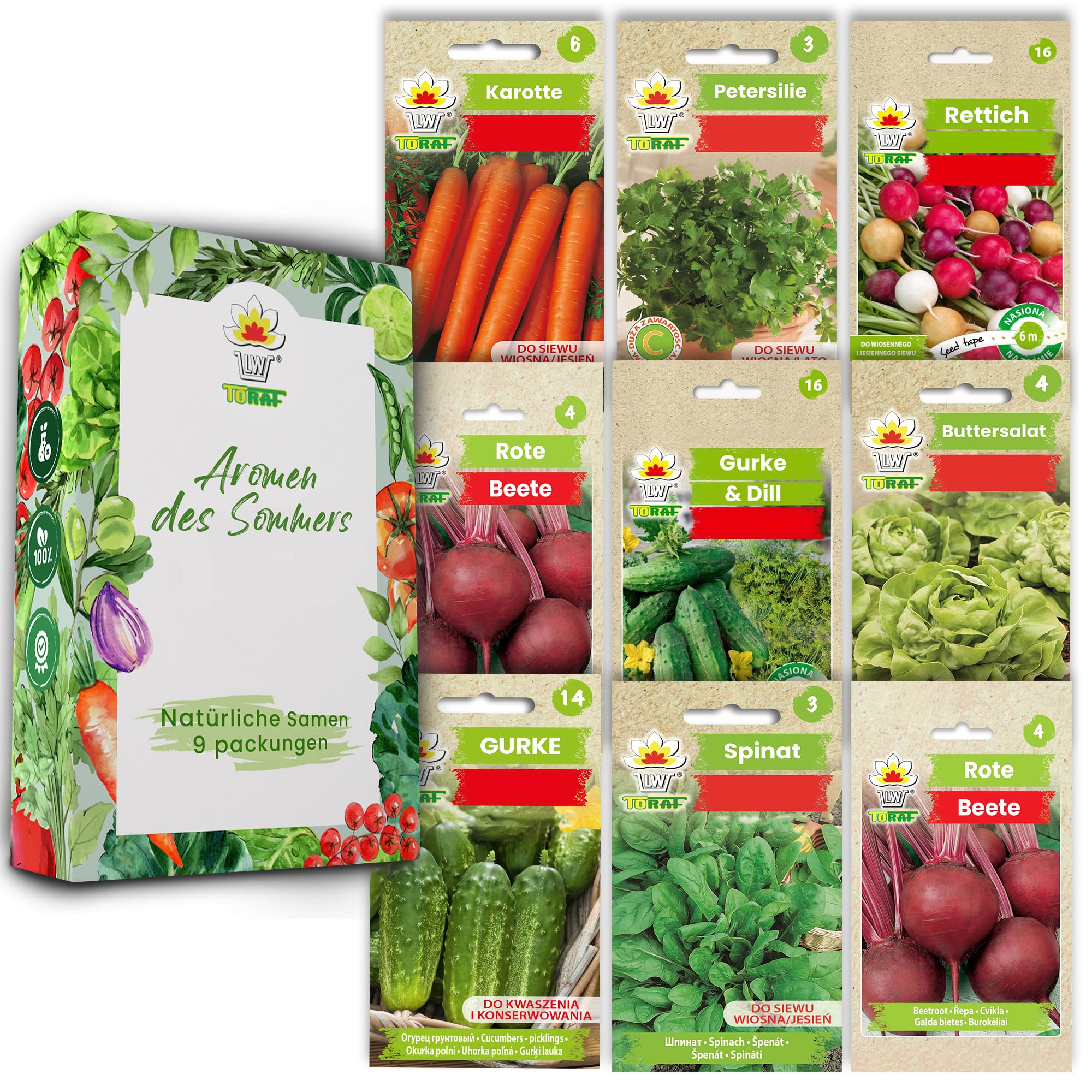 Gemüse Samen Set 5x 9 Premium Sorten Gemüse, Saatgut für Gewächshaus, Garten, Balkon, Küche, Hochbeet, Karotte, Petersilie, Spinat, Gurke, Spinat, Buttersalat, Anzuchtset Samen Gemüse Pflanzen