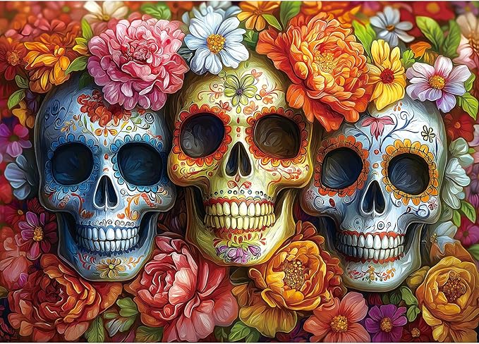 Halloween Sugar Skulls Floral 1000 Piece Jigsaw Puzzle for Adults Colorful Day of The Dead Challenging Mexican Folk Art Puzzle for Game Night Unique Gift for Puzzle Lovers (27x20 Inches)