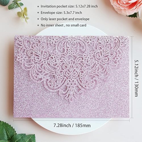 Miniatura 3 de Hosmsua 50 bolsillos de invitación de flora de encaje con purpurina morada, 5.12 x 7.2 bolsillos de invitación de quinceañera cortados con láser con