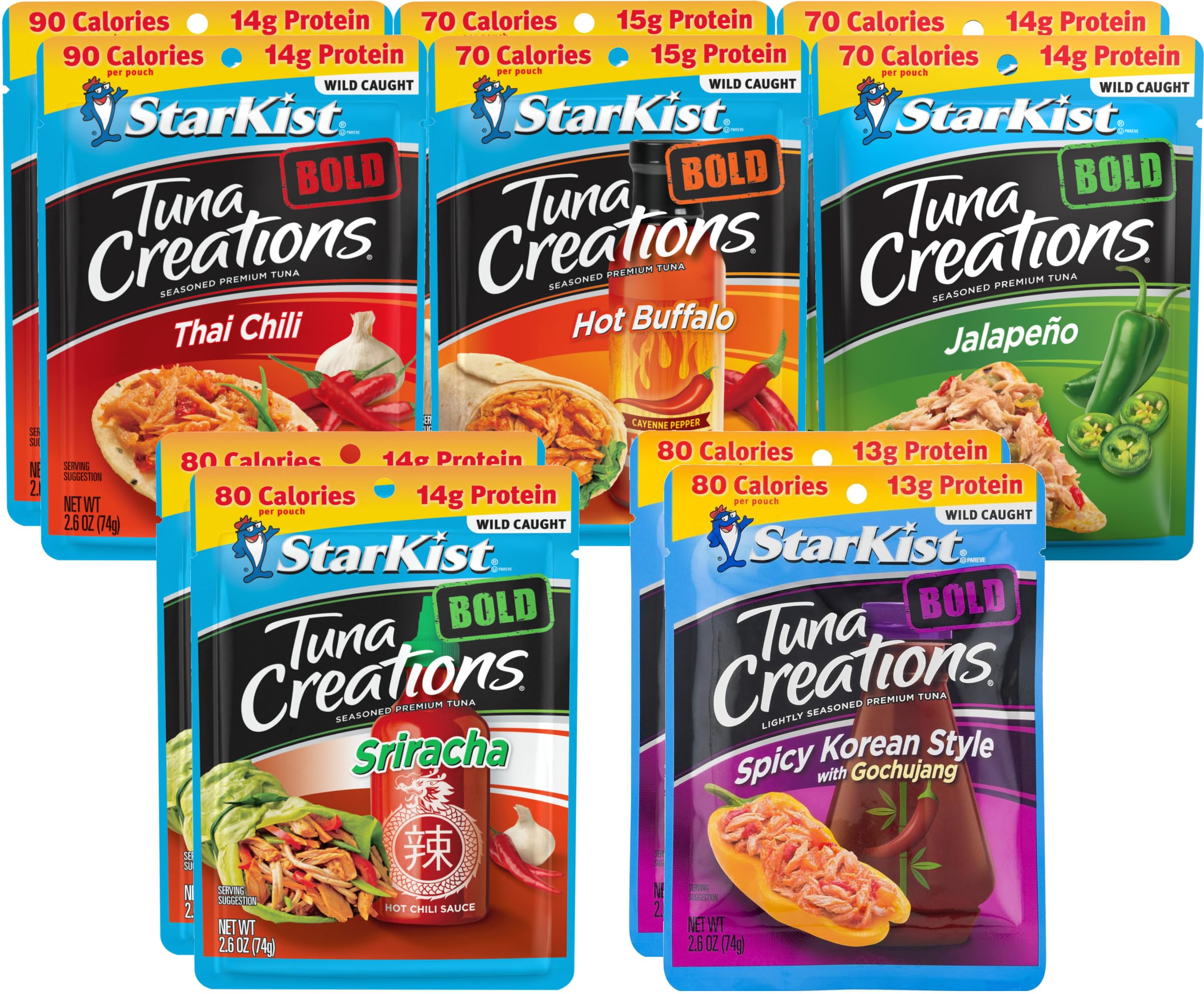 Starkist Tuna Creations Bold, 5 Flavor Variety, Thai Chili, Hot Buffalo, Jalapeno, Sriracha, Spicy Korean, 2.6 oz (Pack of 10) with By The Cup Spatula Knife