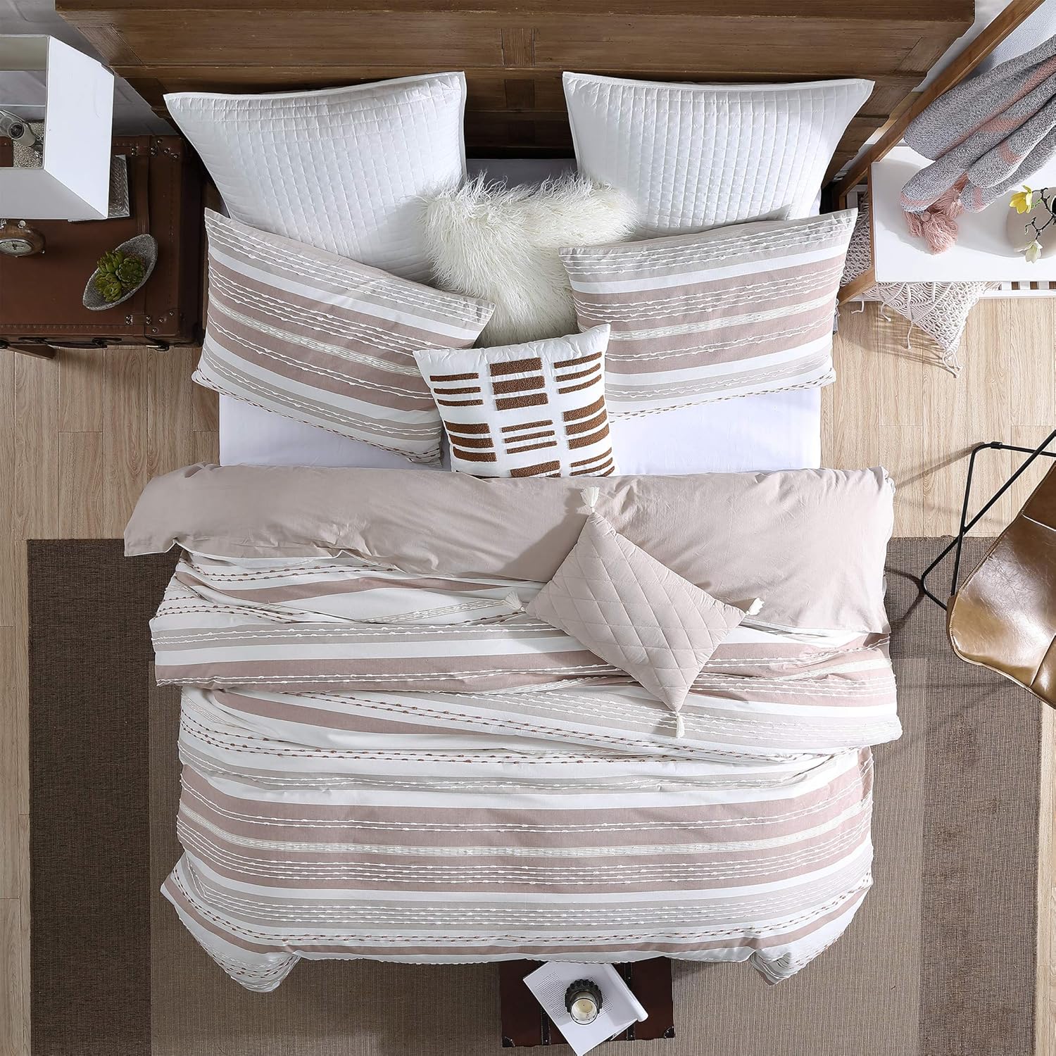Swift Home Talise Cotton Dobby Weave Slub Stripe Yarn-Dyed 3-Piece Comforter Set wih Matching Shams, Oeko-Tex Certified, Breathable, All Season - Brown, King/Cal King (104" x 92") : Everything Else