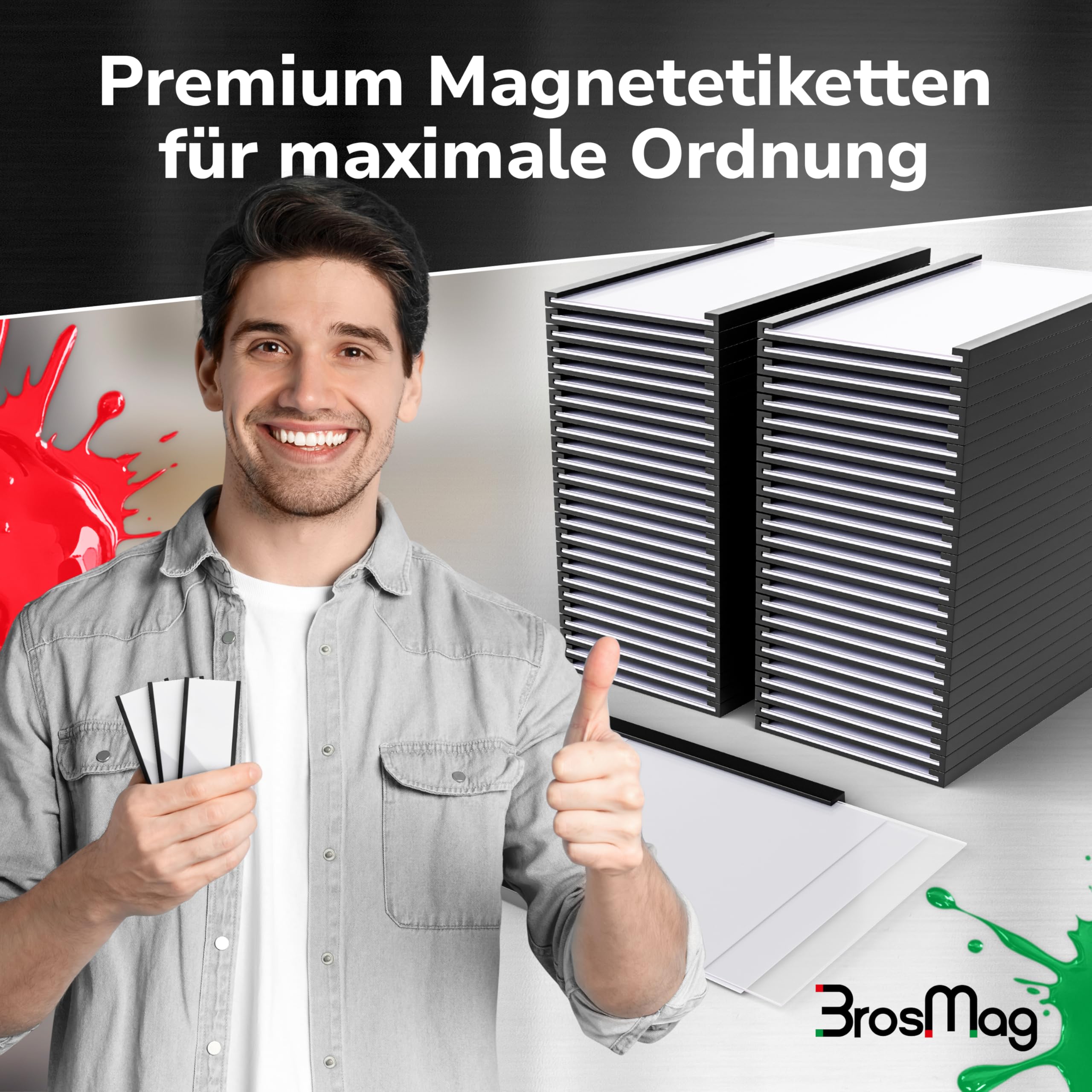 Magnetschilder zum Beschriften 40 x 100mm - 50 Stück - Magnetische Etikettenhalter C-Profil für Regale, mit Schutzfolie & Einlage hält auf allen metallischen Flächen – für Lager, Büro & Einzelhandel