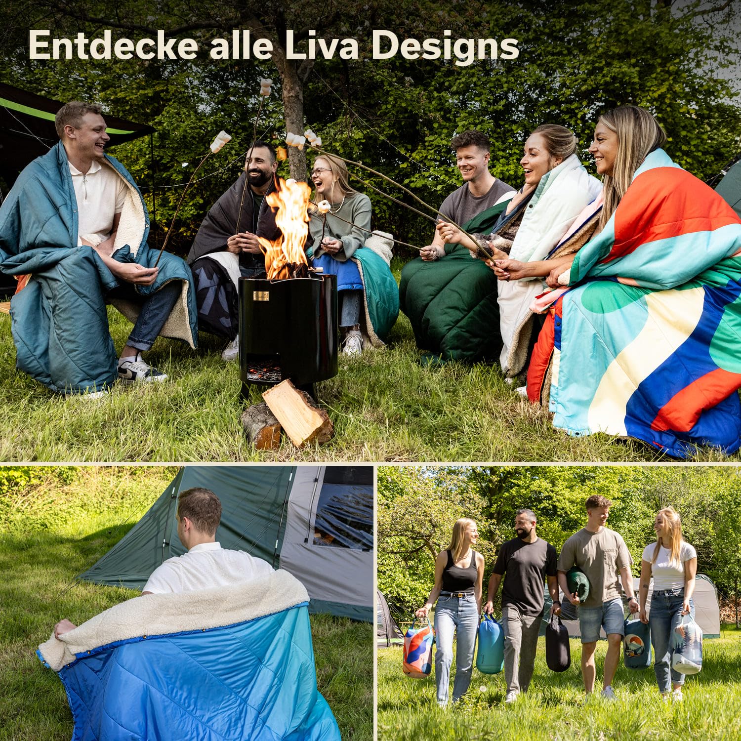 Skandika Liva Sherpa koc kempingowy 4 w 1, koc outdoorowy, 200 x 135 cm, narzuta, śpiwór, poduszka, ze spodem z pluszowego futra, watowanie poliestrowe, wodoszczelny, na kemping, akcesoria
