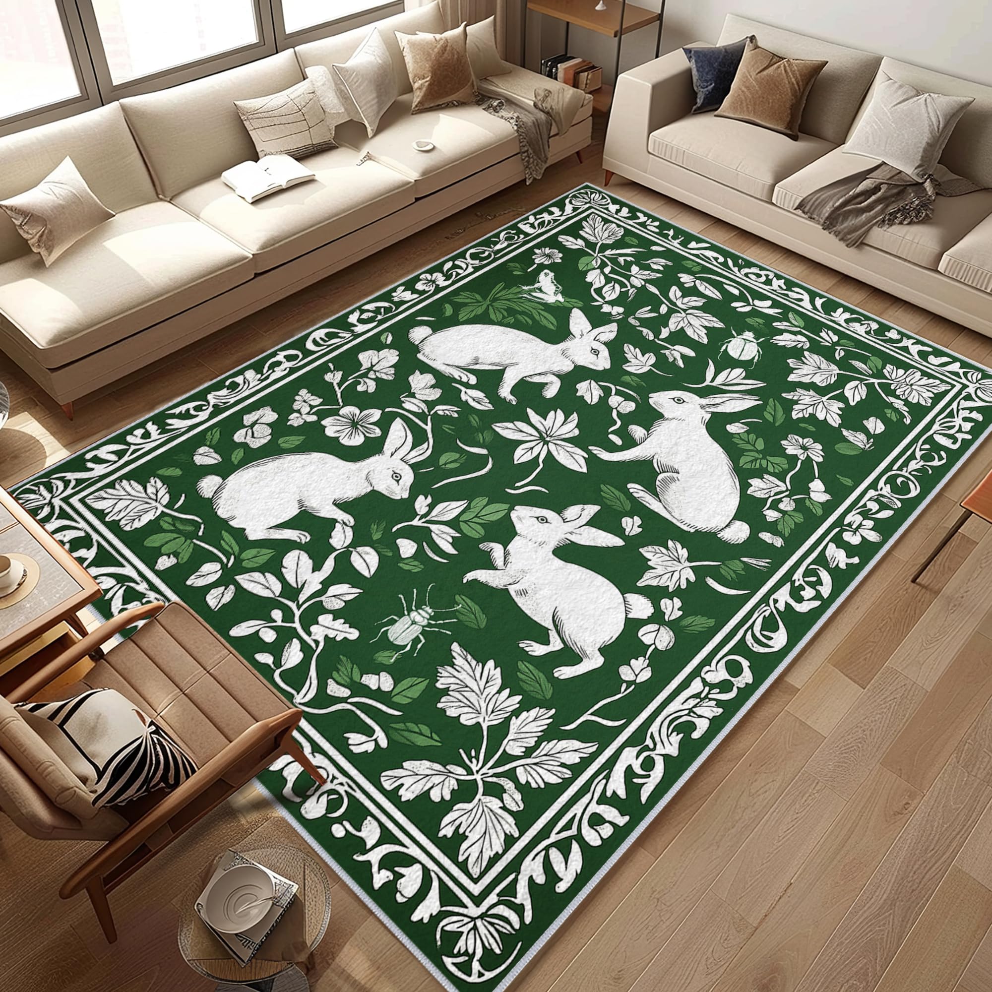 Green Forest Living Room Rug 5x7, Nature Botanical Area Rugs, Machine Washable Jungle Animal Rug for Bedroom, Low Pile Soft Large Carpet Non Slip