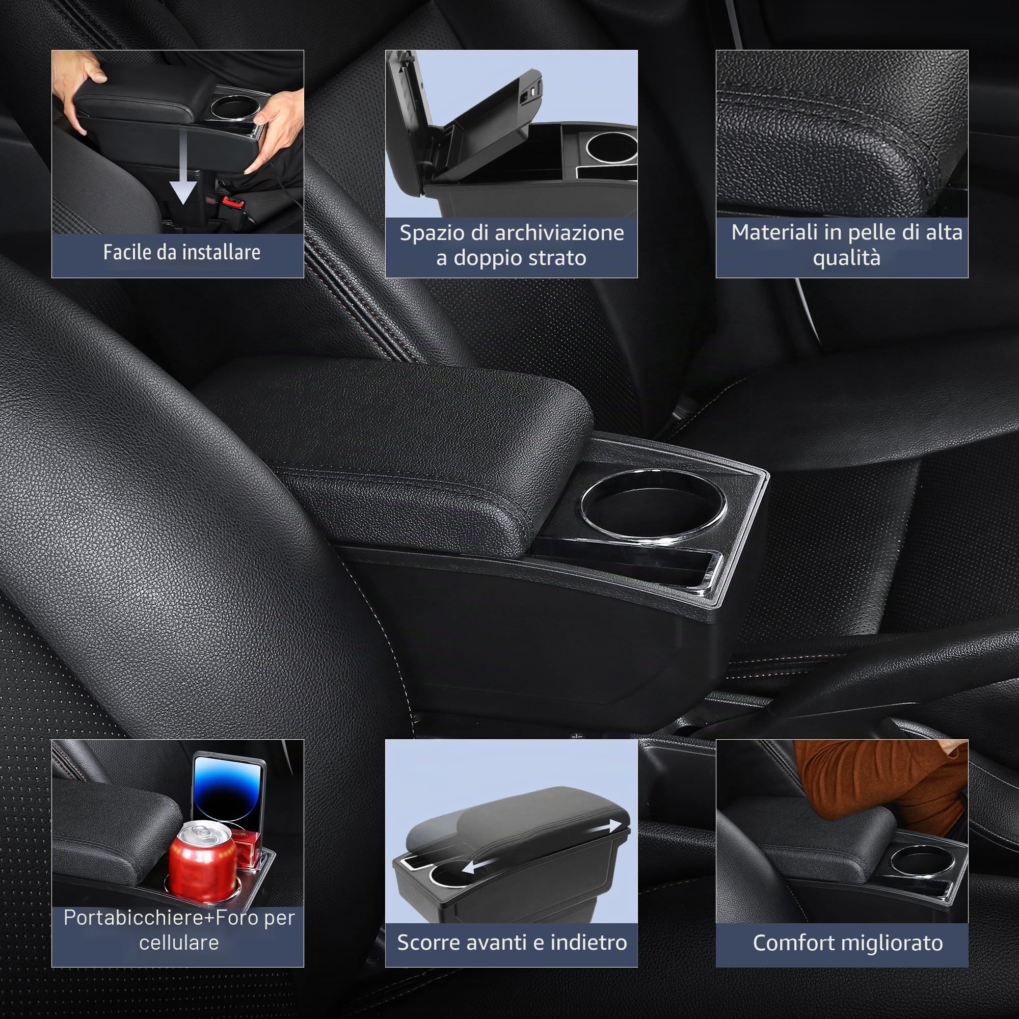 Bracciolo Auto Compatibile con Renault Dacia Duster I 2010-2015 | Vano Portaoggetti a Due Llivelli, con Portabicchieri, Facile da Montare, Regolabile, Pelle PU, Linea Nera