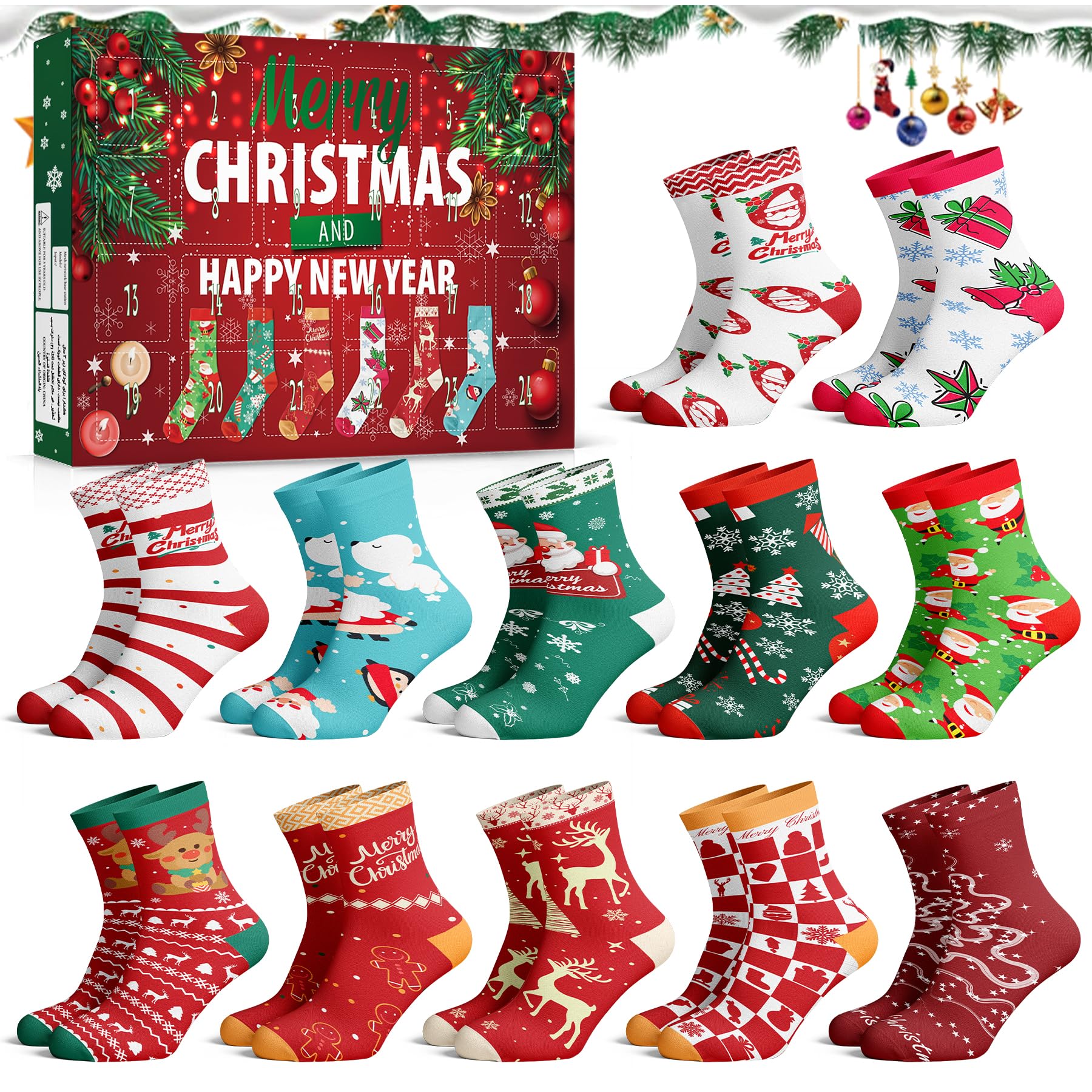 Weihnachts-Adventskalender Mit 12 Socken - 24 Tage Überraschungen Mit Weihnachtsmotiven