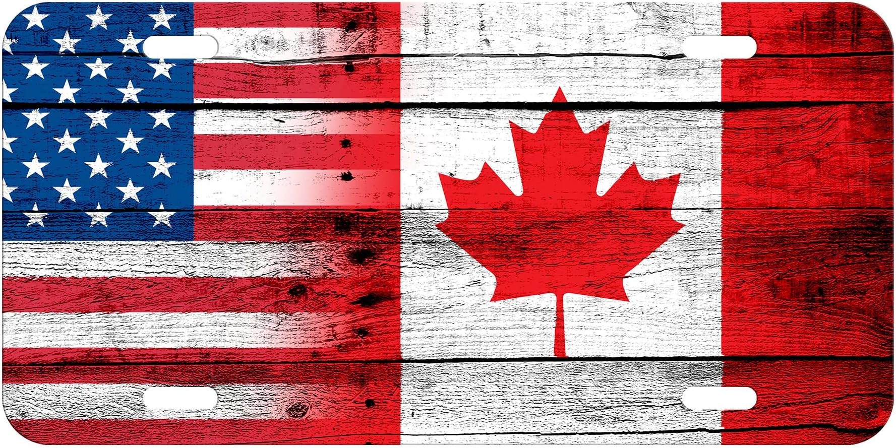 Aluminum License Plate - Flag of Canada (Canadian) - Wood/USA