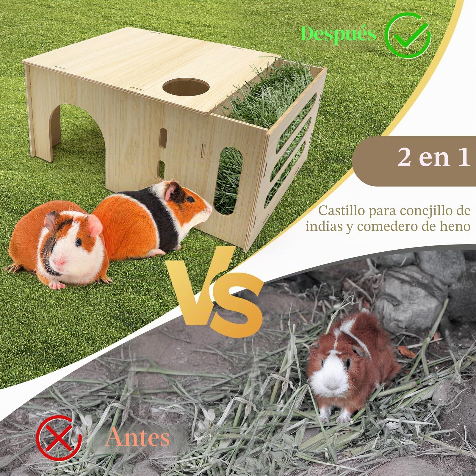 Caseta con Comedero de Heno para Conejo, Cabaña de Madera 2 en 1 para Cobayas con Dispensador de Comida para Pequeños Animales Domésticos, Hámsters Enanos, Chinchilla
