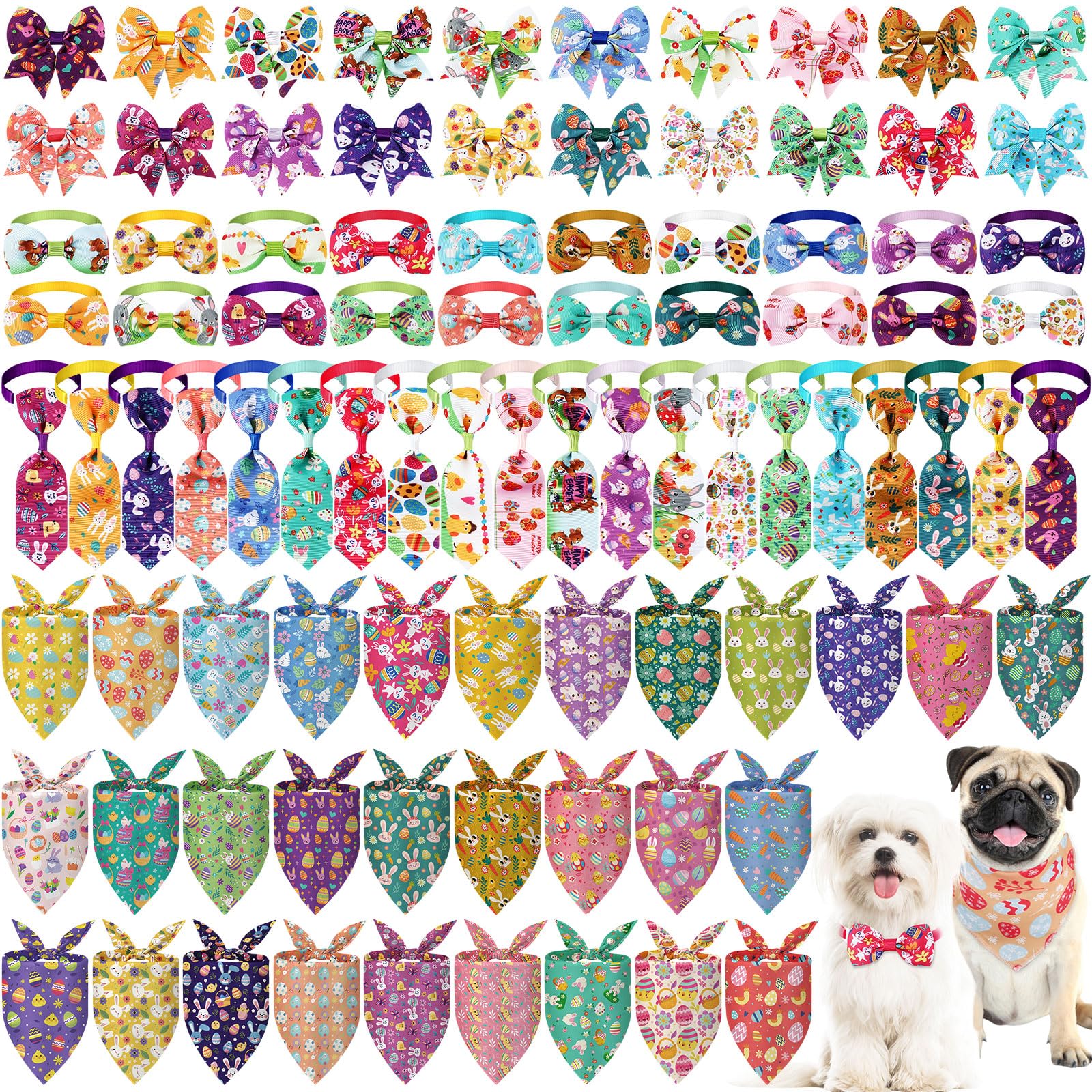 Reginary 120 Pcs Easter Dog Bandanas Bulk Dog Bows Set Bow Ties Cat Scarf Colorful Washable Triangle Pet Kerchief Cute Bib for Summer Small Medium Large Pets Grooming Accessories Costume
