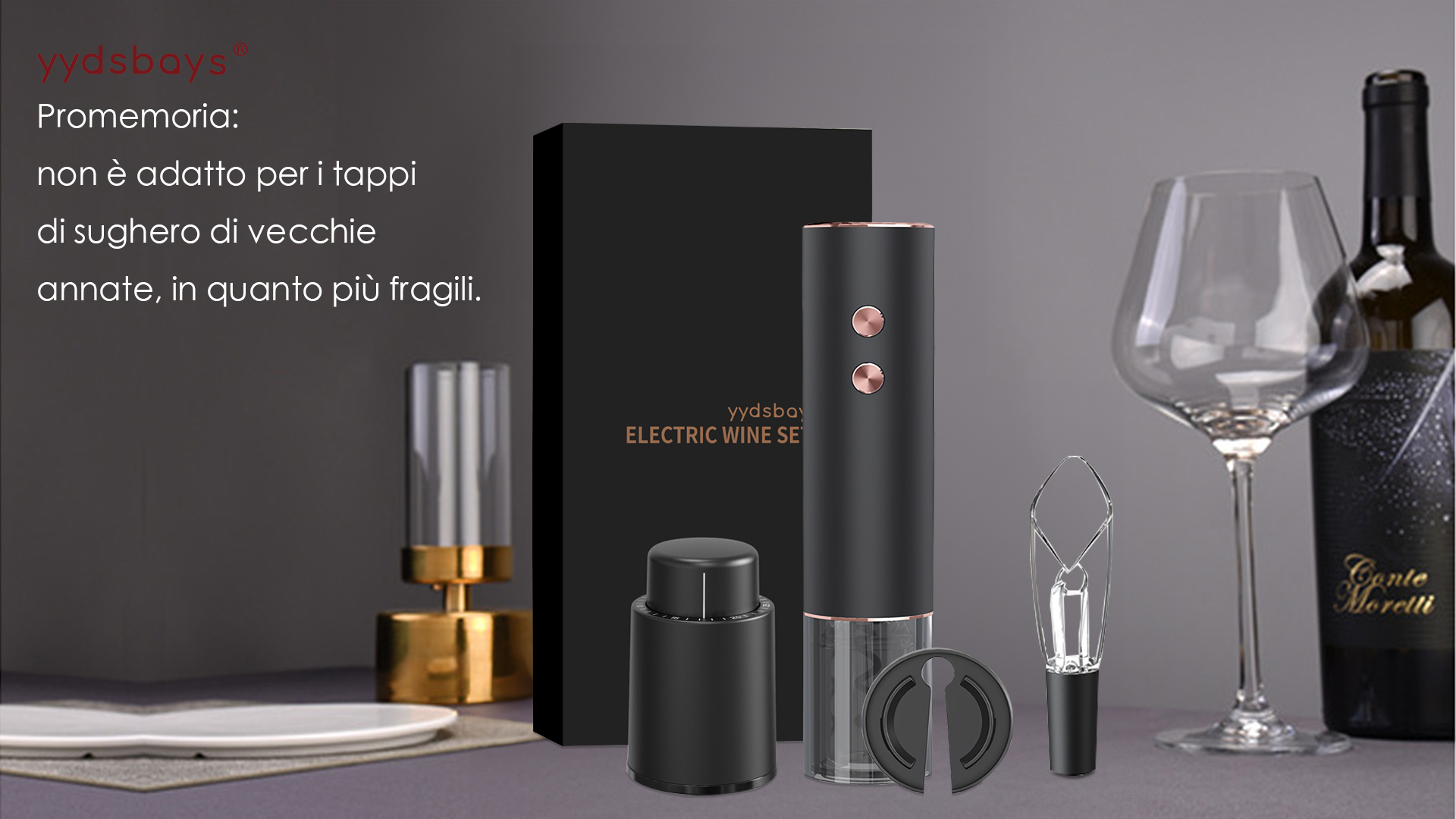 Cavatappi Elettrico Per Vino Con Set Lusso - Apribottiglie Automatico, Aeratore E Tappo Sottovuoto, Ricaricabile (Oro) - Foto 3