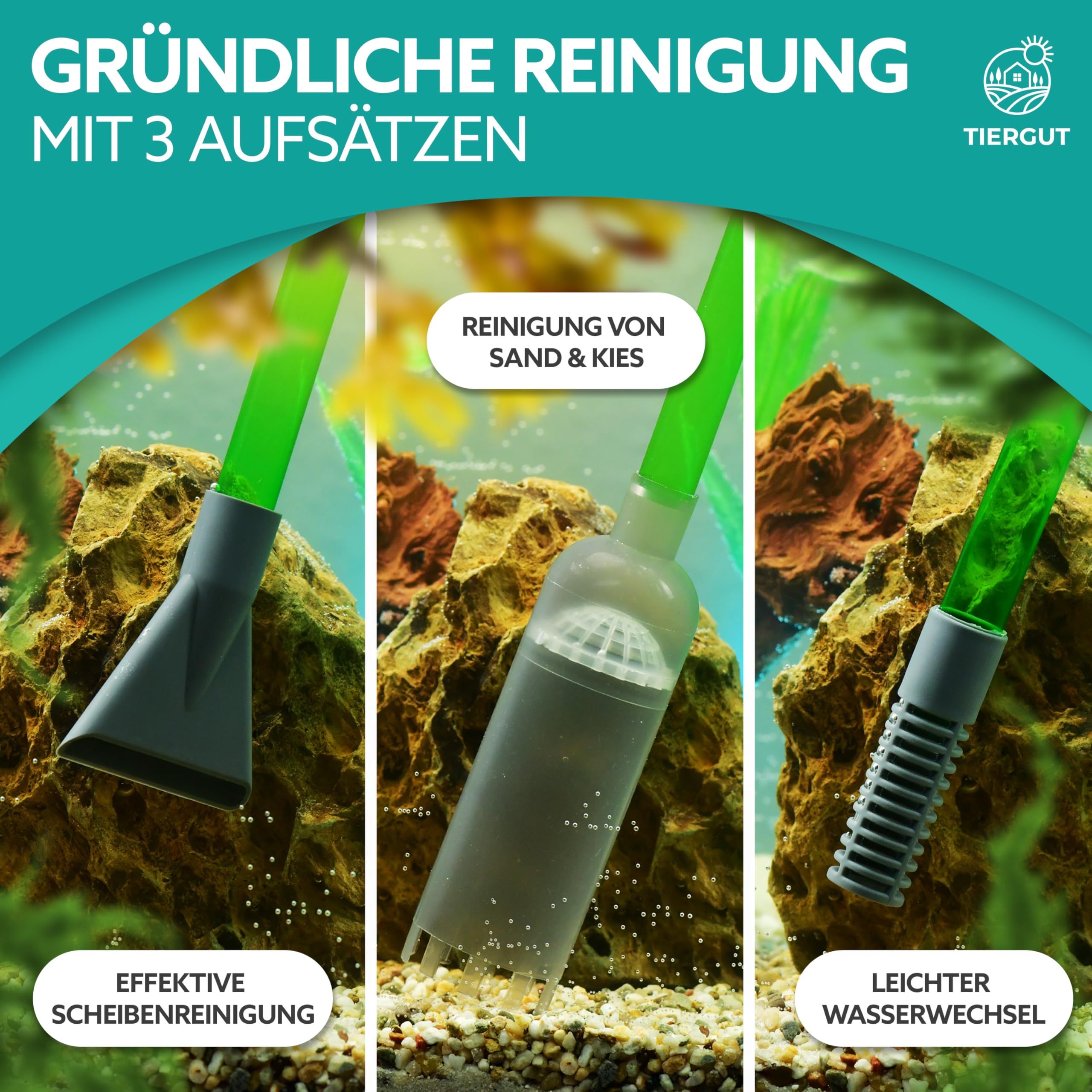 Mulmsauger Aquarium [9-teilig] - 3-in-1 Sauger für Boden-Reinigung, Wasserwechsel & Scheiben-Pflege - Komplett-Set inkl. XXL-Schlauch & Zubehör