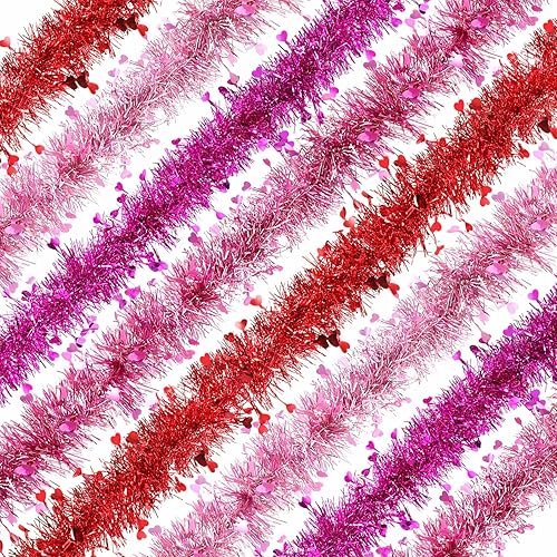 Guirnalda de oropel de 79.2 pies, 12 piezas de corazón para el día de San Valentín, guirnalda de oropel metálica roja y rosa, guirnalda brillante