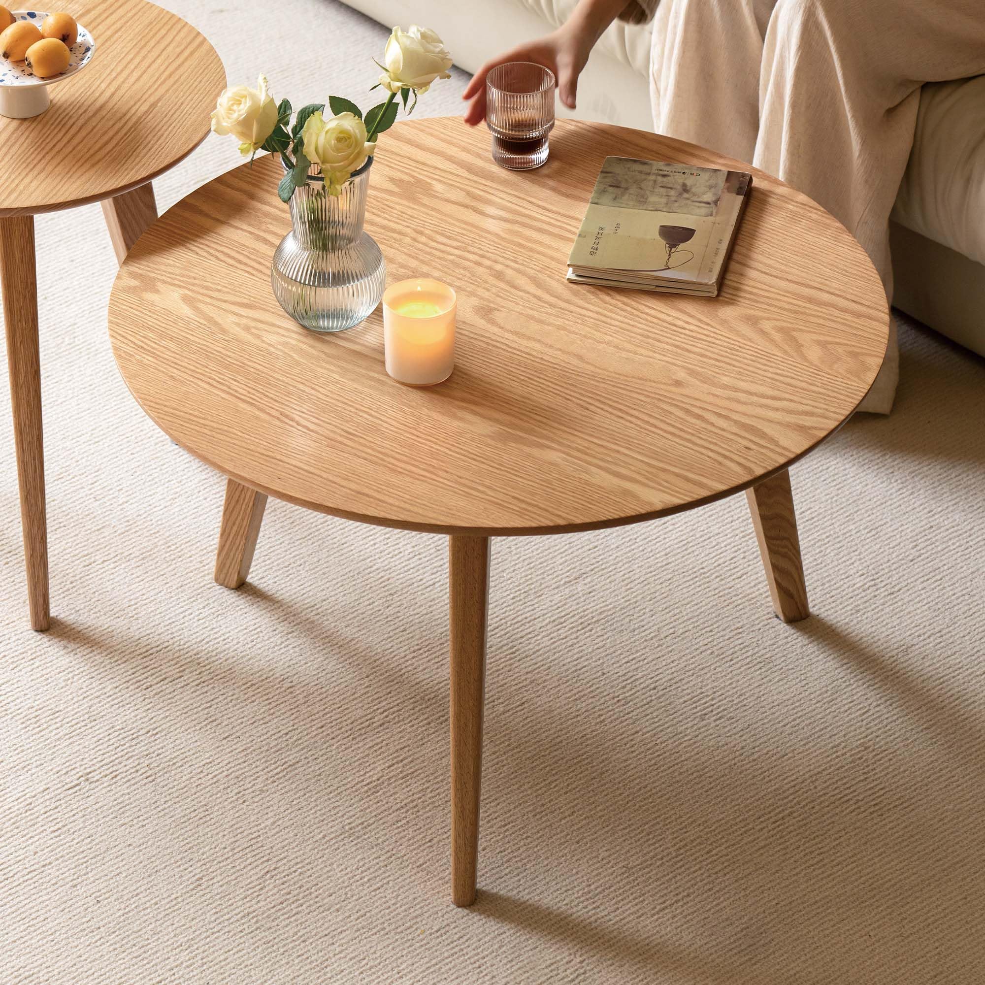 YESWOOD Table Basse Ronde en Chêne Massif, Style Moderne, Table d’Appoint pour Salon, Balcon, 60 x 60 x 35 cm, Chêne Naturel