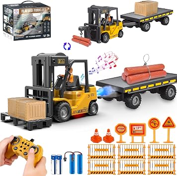 RC Forklift Toy with Trailer, 3 in 1 Remote Control forklift with Transform Lift Fork & Hook, 11 Channel RC Construction Toys with 2 Battery,Spray,Light, RC Forklift for Adults Kids Boys Gift