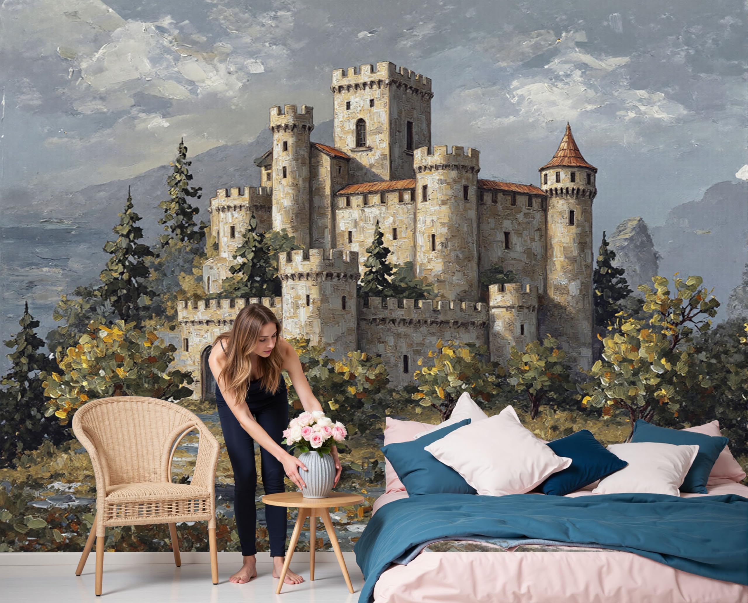 Papier Peint Peintures L'Huile d'Art Rétro et Architecture de Châteaux 3D