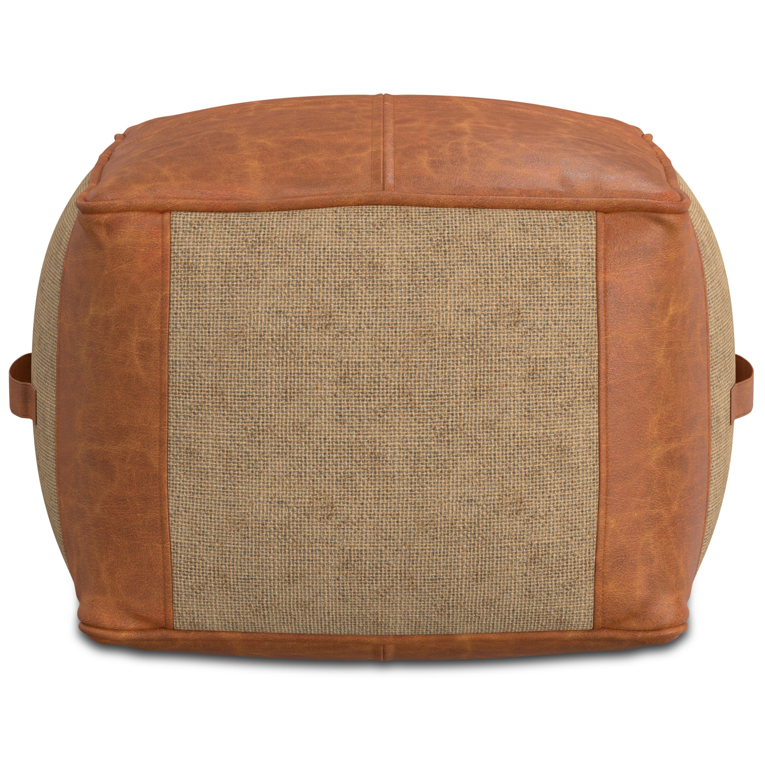 SIMPLIHOME Atkinson Boho Square Pouf in Tan Genuine Leather for the Living Room, Bedroom and Kids Room