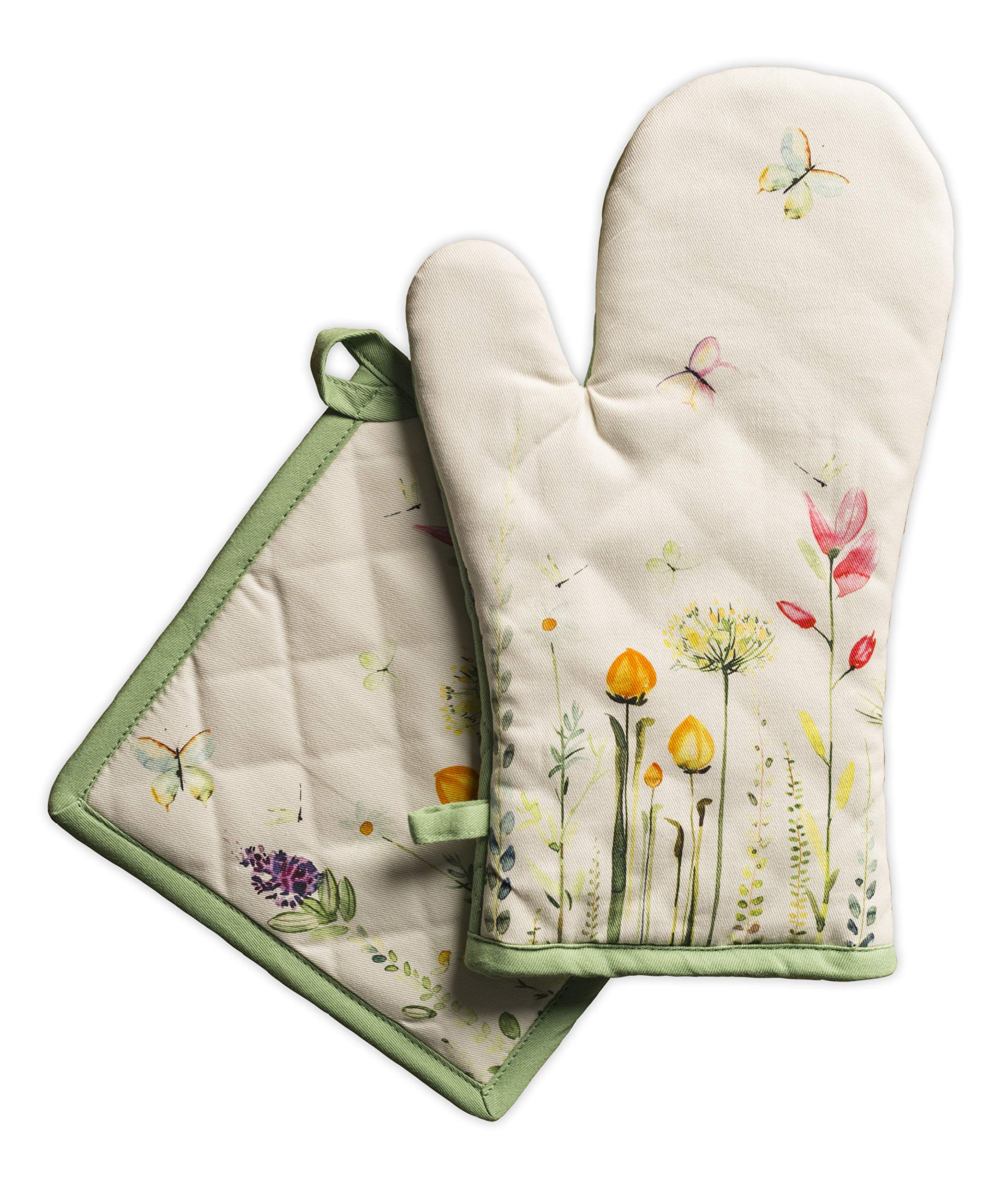Maison d' Hermine Oven Mitt & Pot Holder 100% Cotton Heat Resistant Combo, BBQ, Cooking, Chef, Botanical Fresh - Spring/Summer, Oven Mitt(19cm x 33cm) & Pot Holder(20cm x 20cm)
