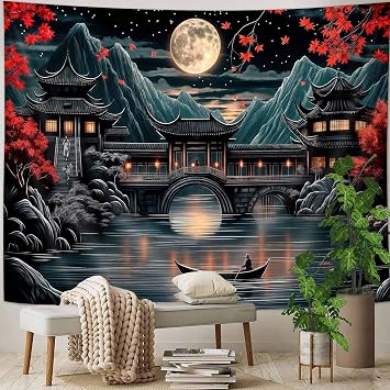 Uokiuki Japanese Anime Tapestry, Black and Red Dark Mountain Full Moon Fallen Leaves Tapestry Wall Hanging, Nature Riverside Landscape Aesthetic Tapestries for Bedroom Living Room Dorm, 40x30 Inch