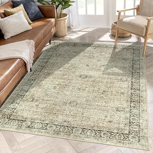Zealude Alfombra vintage lavable para sala de estar, de 5 x 7 pies, oriental, tradicional, envejecida, para dormitorio, interior, antideslizante,