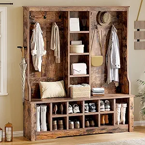 DWVO 59" Wide Hall Tree with Bench and Storage for Hallway Entryway, 10 Shoe Cubbies & 10 Coat Hooks, 4-Tier of Center Storage Open Cabinets, Coat Rack with Space for Bedchamber Living Room (Brown)