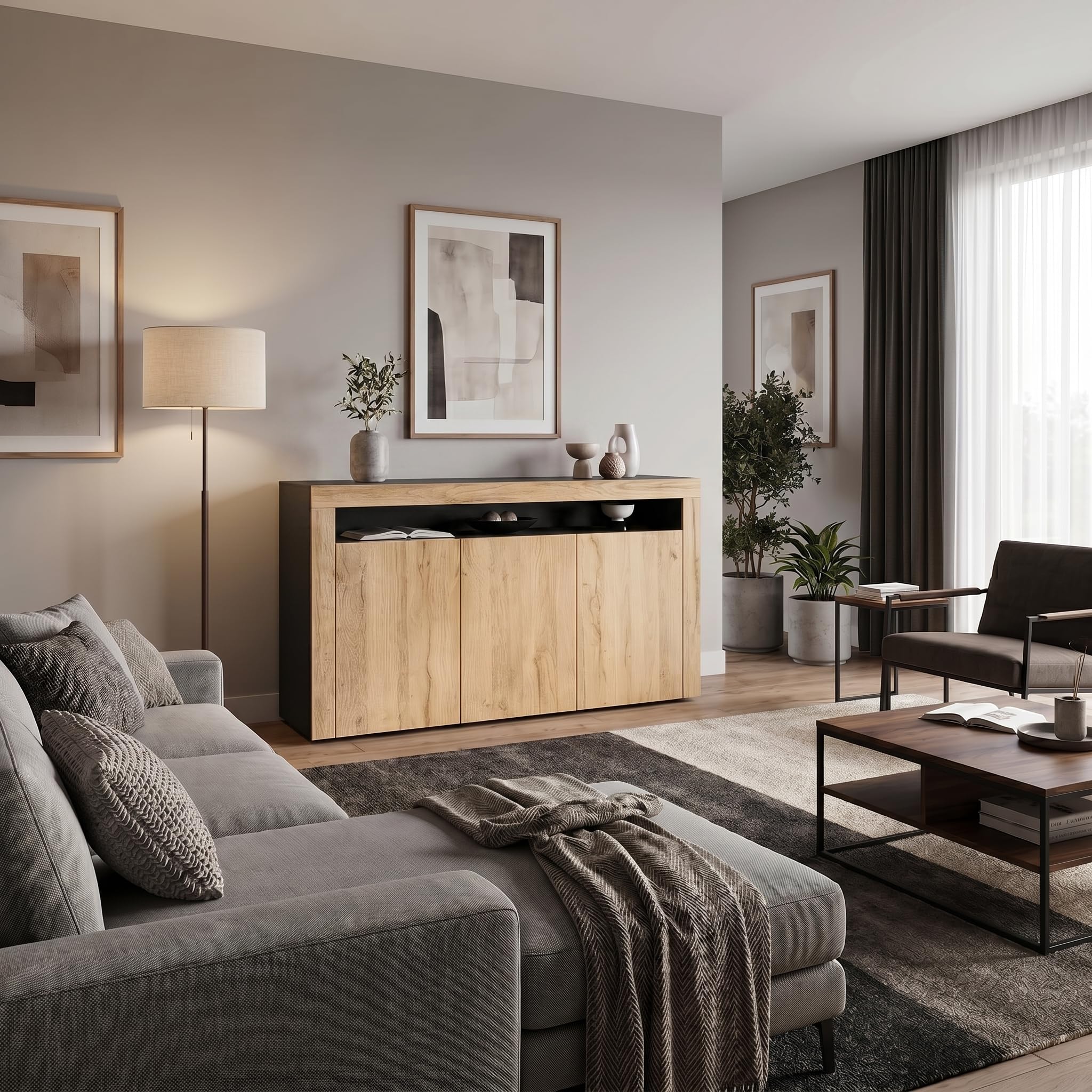 Vladon Sideboard Valencia, Kommode mit 3 Türen und 1 offenem Fach, Schwarz matt/Eiche Natur (155 x 92 x 40 cm)