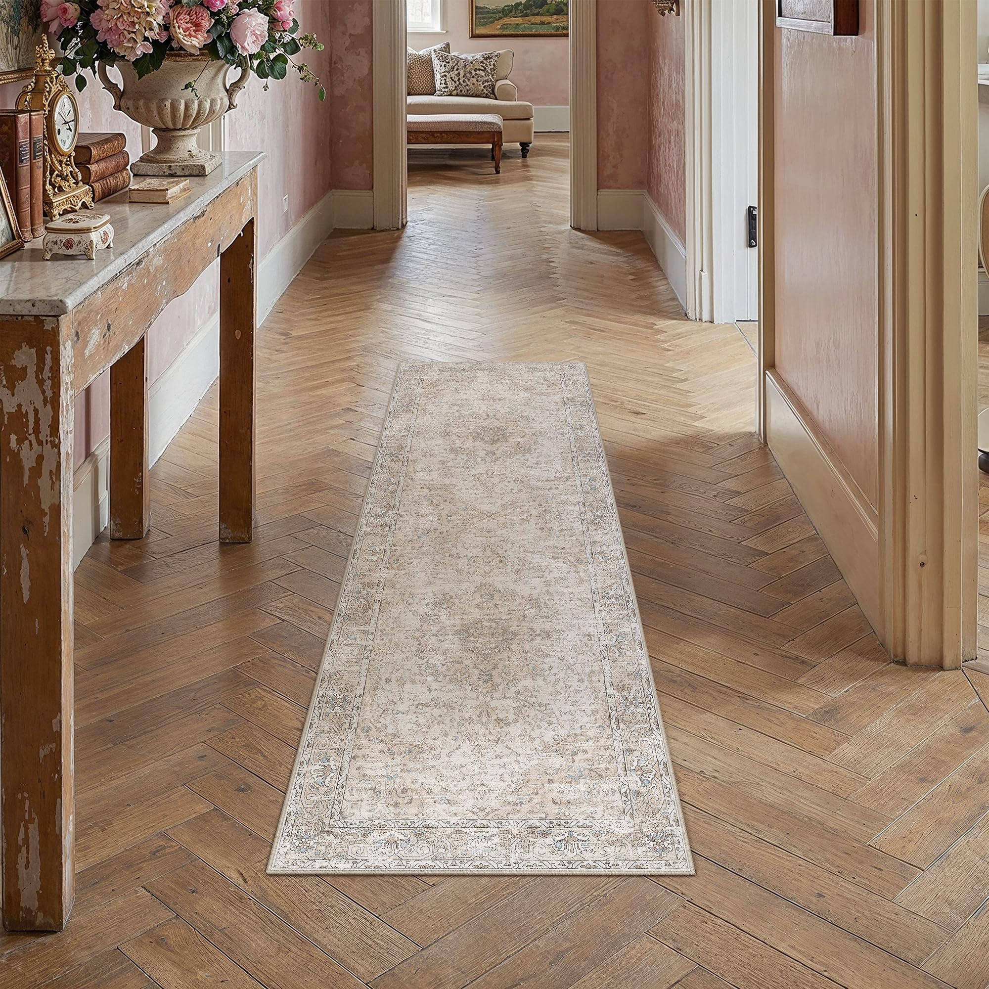 PureCozy Vintage Hallway Runner Rug 60x180cm Beige Non Slip Kitchen Rugs — image 1