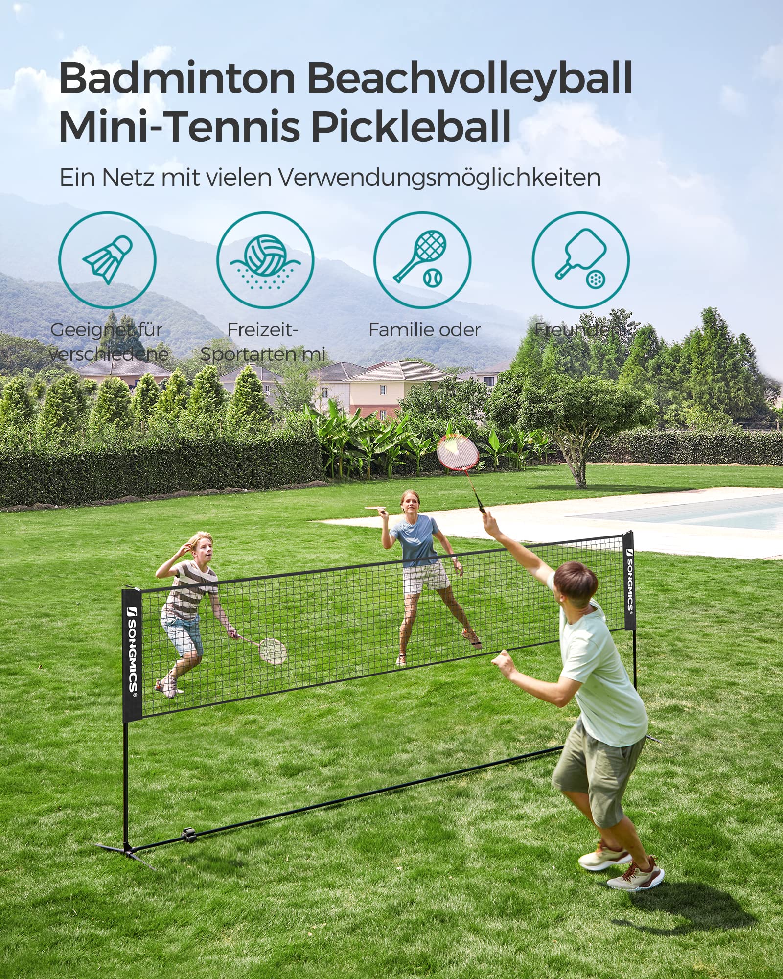 SONGMICS 300 cm/400 cm/500 cm Badmintonnetz, Volleyballnetz, höhenverstellbare Stangen, tragbares Set für Tennis, Beach-Volleyball, für Garten, Park, Outdoor