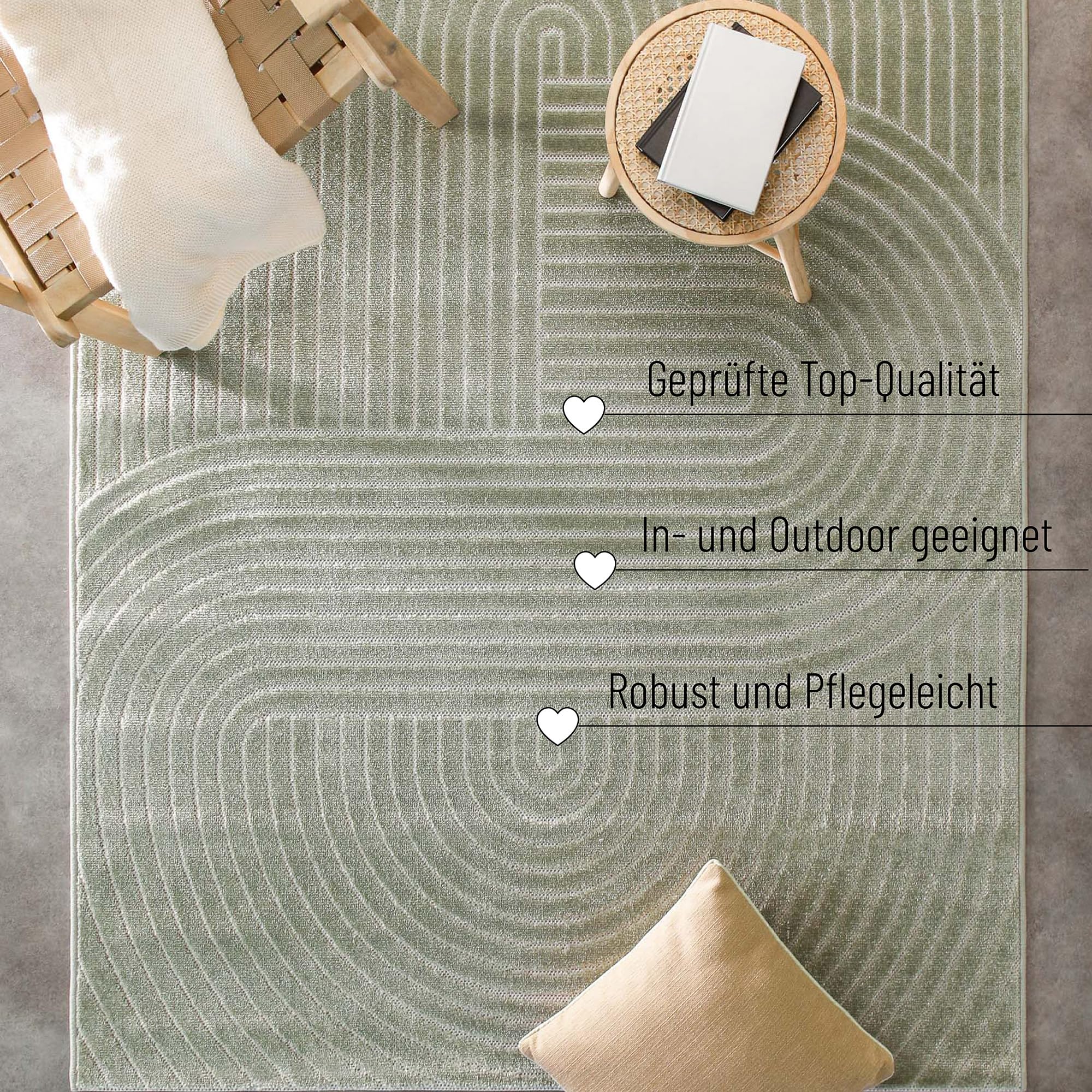 WECONhome Tapis d'extérieur Bacalar à poils courts tissés, vert sauge, aspect 3D, résistant aux intempéries et facile d'entretien, pour l'intérieur et l'extérieur, 80 x 150 cm, vert sauge