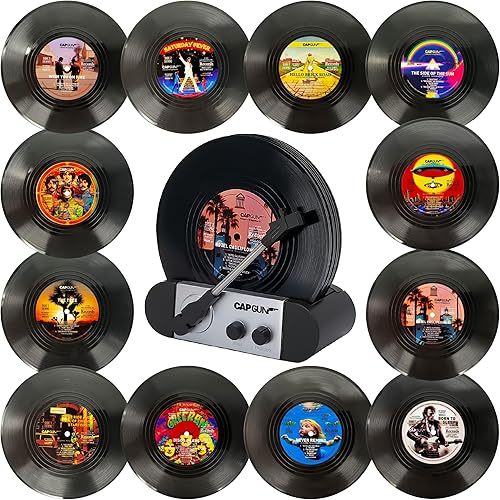 Divertidos posavasos retro para bebidas con soporte para reproductor de vinilo para amantes de la música, juego de 12 posavasos de conversación con