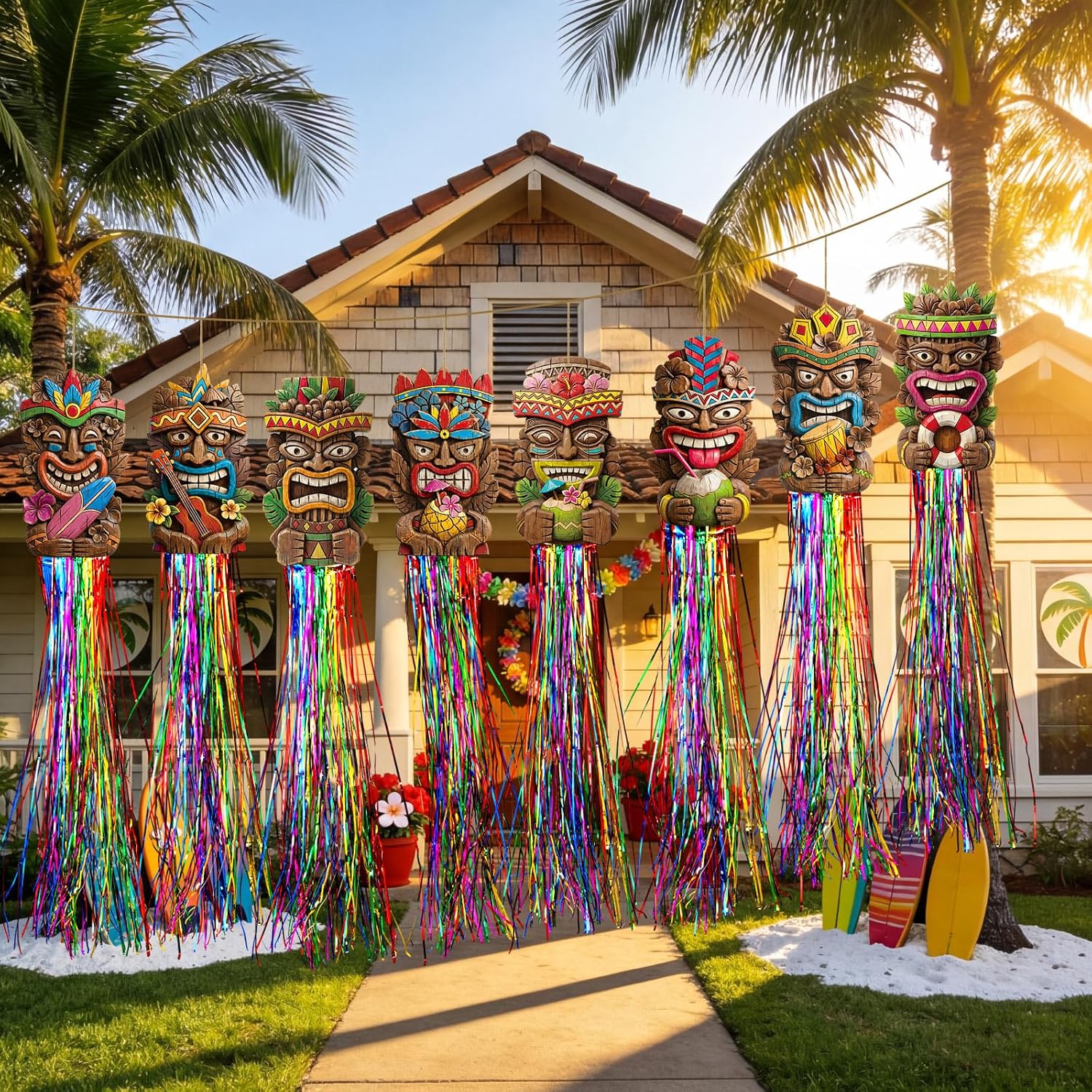 Affrolling 8 Pcs Tiki Party Decorations Hawaiian Luau Party Decoration Tiki Totem Hanging Decorations with Tassels for Aloha Hawaii Luau Tropical Survivor Themed Supplies 3.3 ft Outdoor Summer Decor