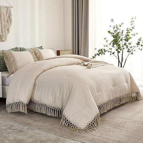 Miniatura 9 de Andency - Juego de edredón tamaño King color beige, 3 piezas con borlas estilo boho, edredón ligero y suave para cama King, juego de ropa de cama