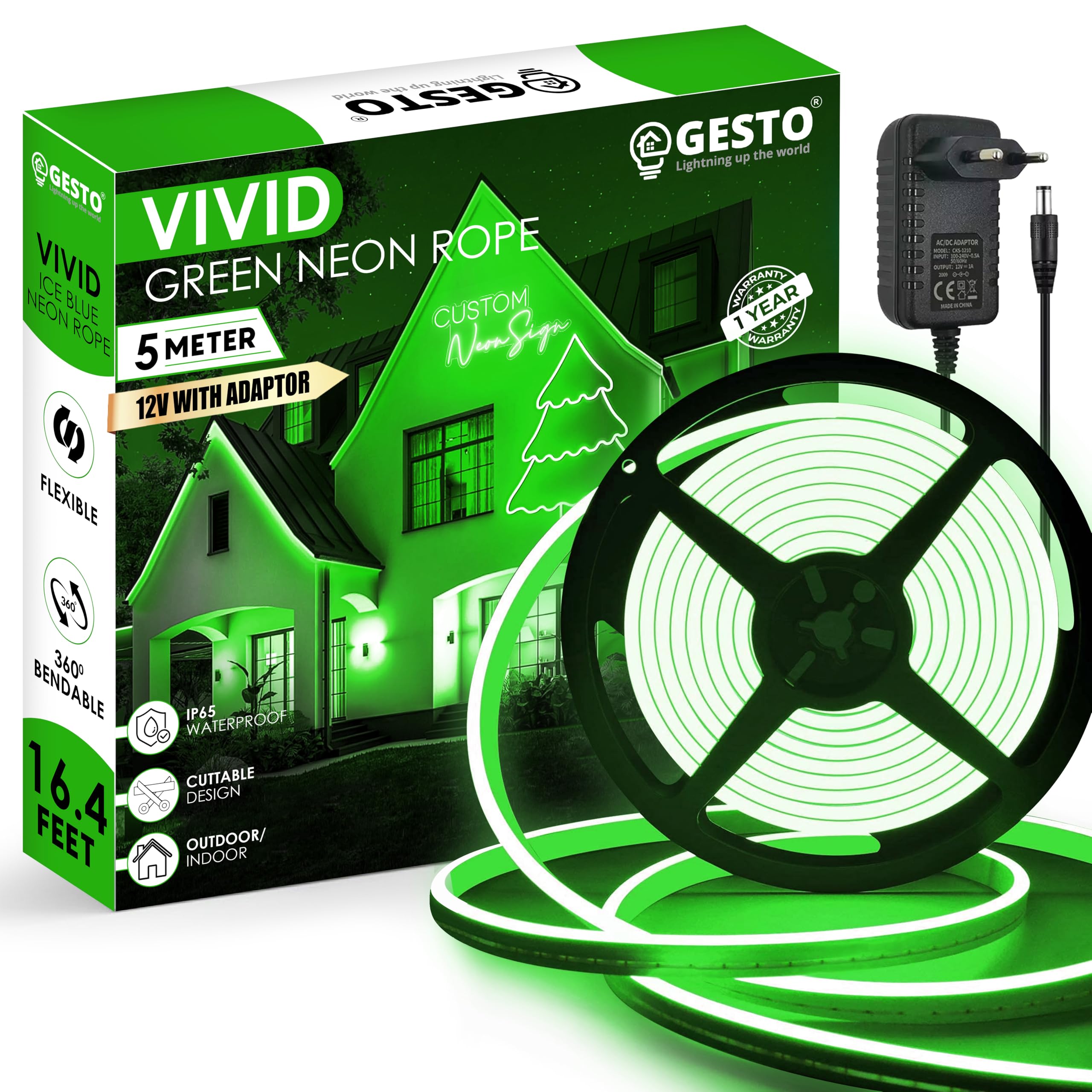 Gesto 16.4Feet Long with 12V Adaptor LED Neon Strip Rope Lights,Flat Silicone Neon Rope Light Flexible Cuttable String, IP65 Waterproof Neon LED Strips for Indoor Outdoor Decoration(Green) (B0B6VJDYNP) Amazon Price History, Amazon Price Tracker
