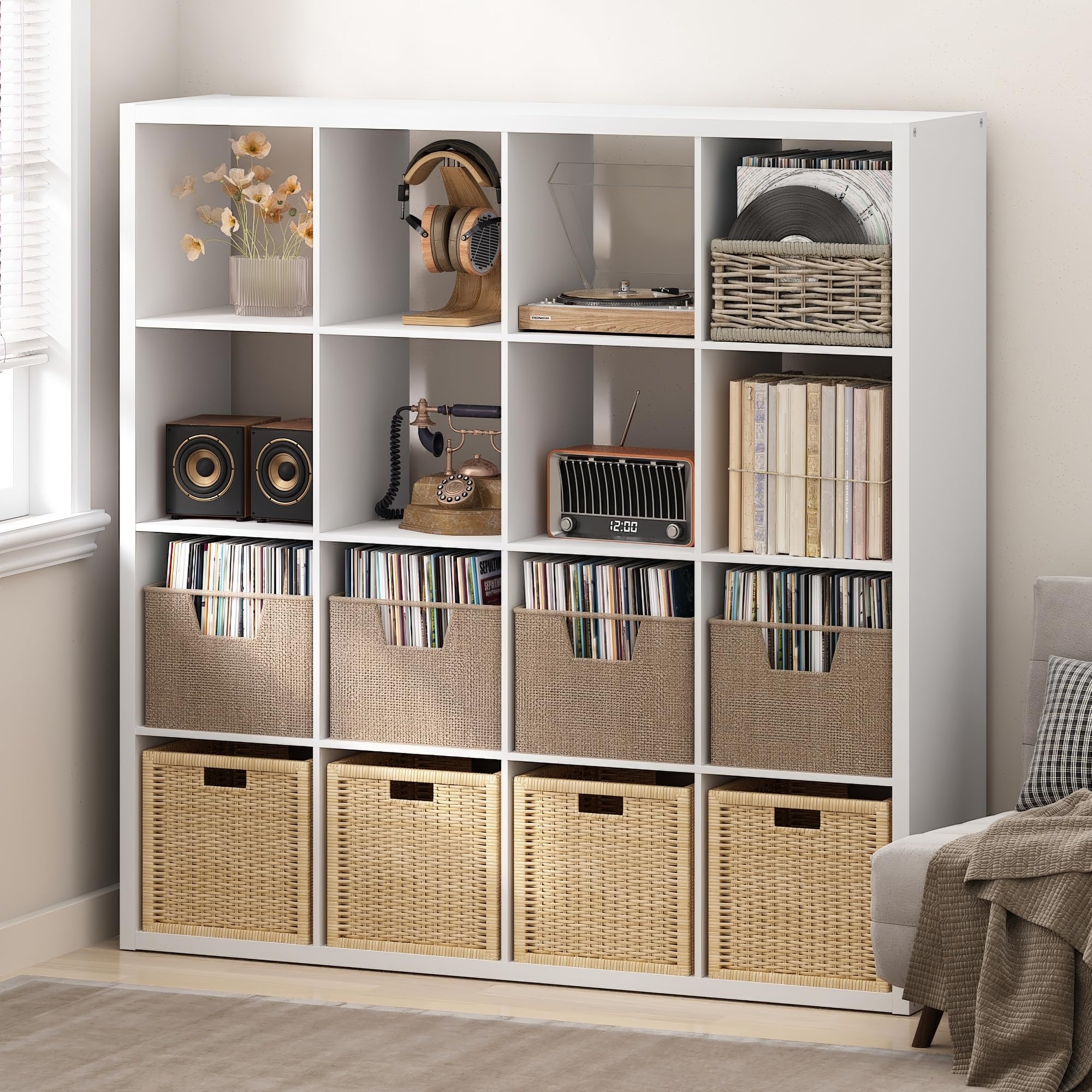 Furinno Cubicle 16-Cube Record Player Stand, Vinyl Storage, Black Oak