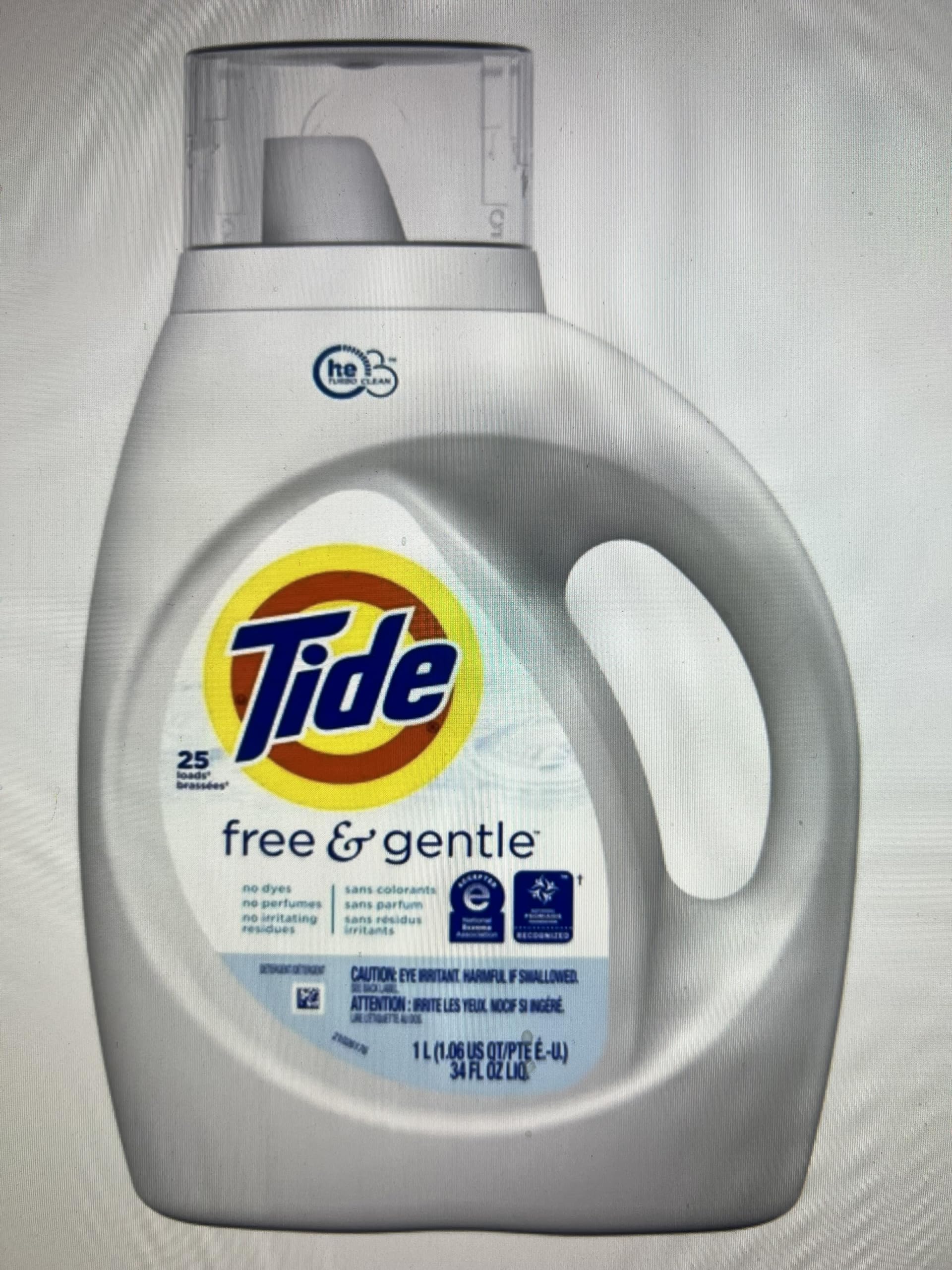 Tide Free &amp; Gentle HE Liquid Laundry Detergent, Unscented, 1.06 L (25 Loads) - Packaging May Vary