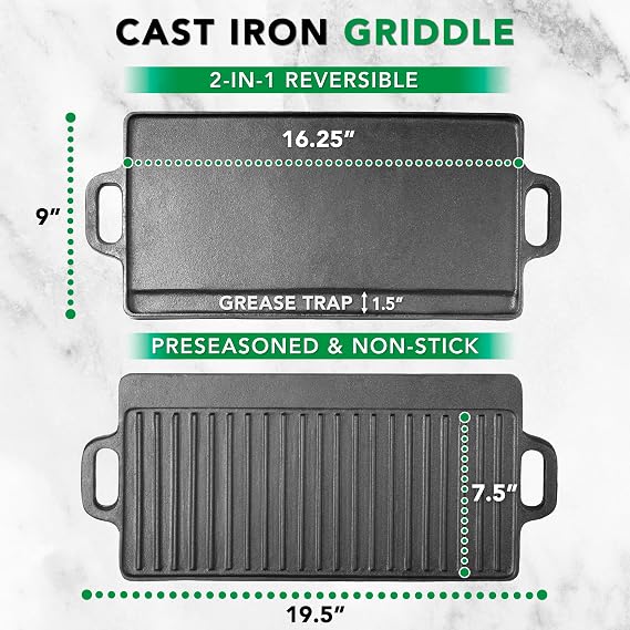 ProSource 2-in-1 Reversible 19.5 x 9 Cast Iron Griddle with Handles, Preseasoned & Non-Stick for Gas Stovetop, Oven and Open Fire.