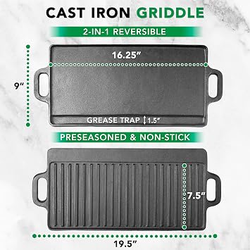 ProSource 2-in-1 Reversible 19.5 x 9 Cast Iron Griddle with Handles, Preseasoned & Non-Stick for Gas Stovetop, Oven and Open Fire.