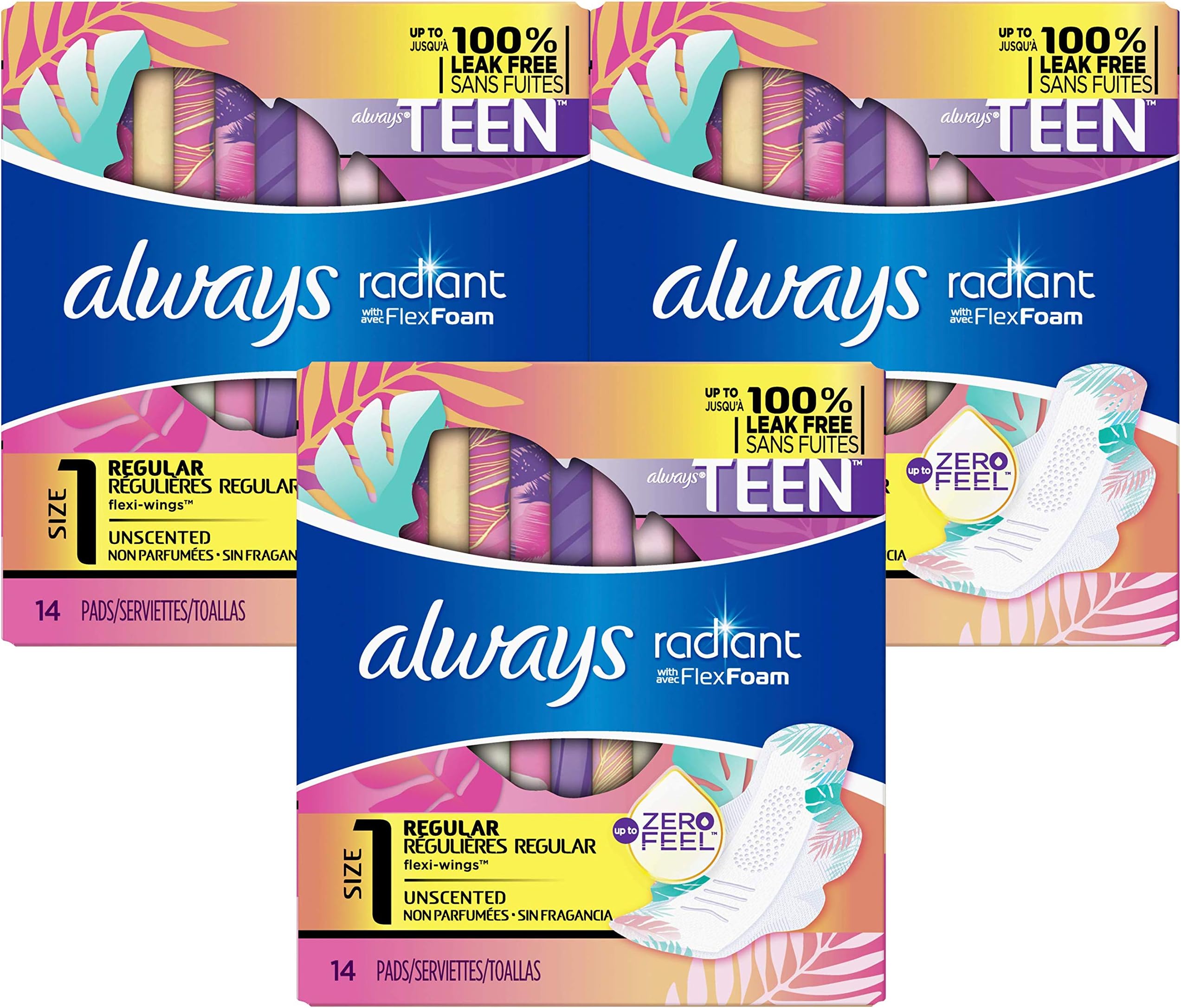 Always Radiant Teen Pads Get Real Regular Unscented w/Wings - 14ct