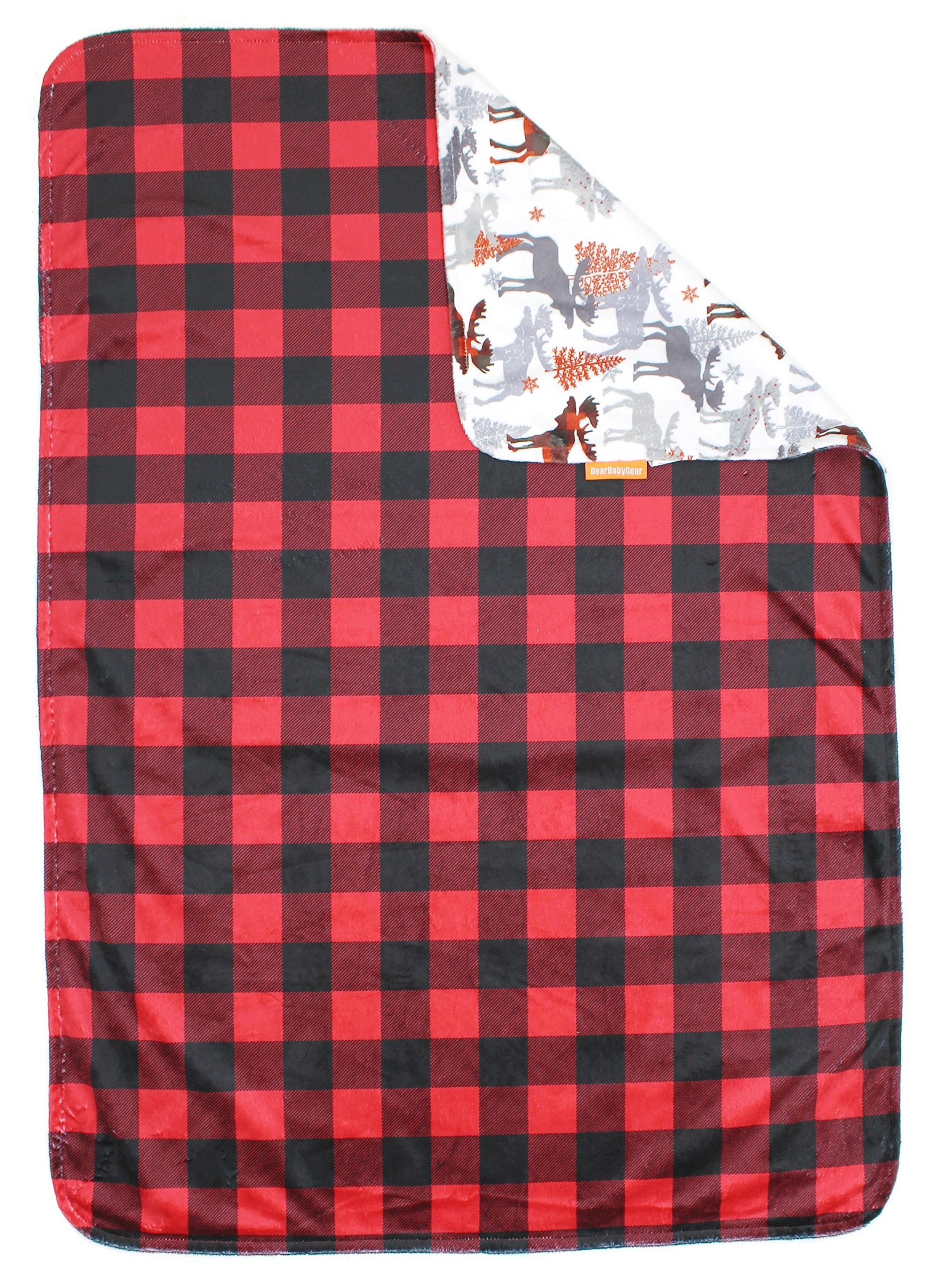 Dear Baby Gear Luksusowe koce dziecięce, niestandardowy nadruk Minky odwracalny łoś i czerwony czarny krata, 90 cm na 69 cm