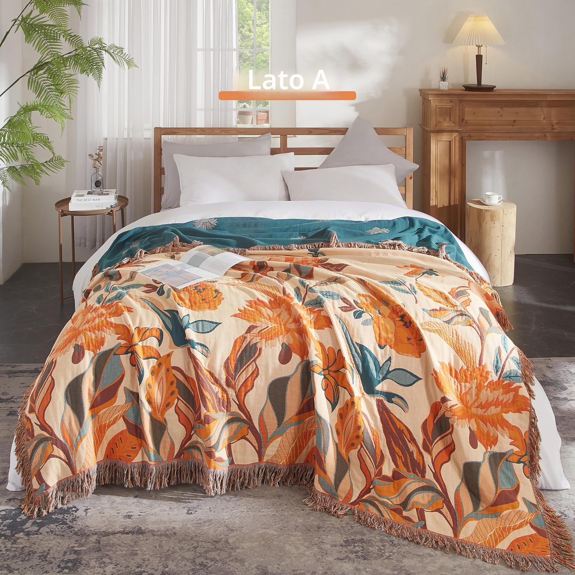SE SOFTEXLY Coperta boho 100% cotone - copriletto in mussola double-face 230x250cm, coperta patchwork, accogliente coperta da divano e copriletto, arancione/verde