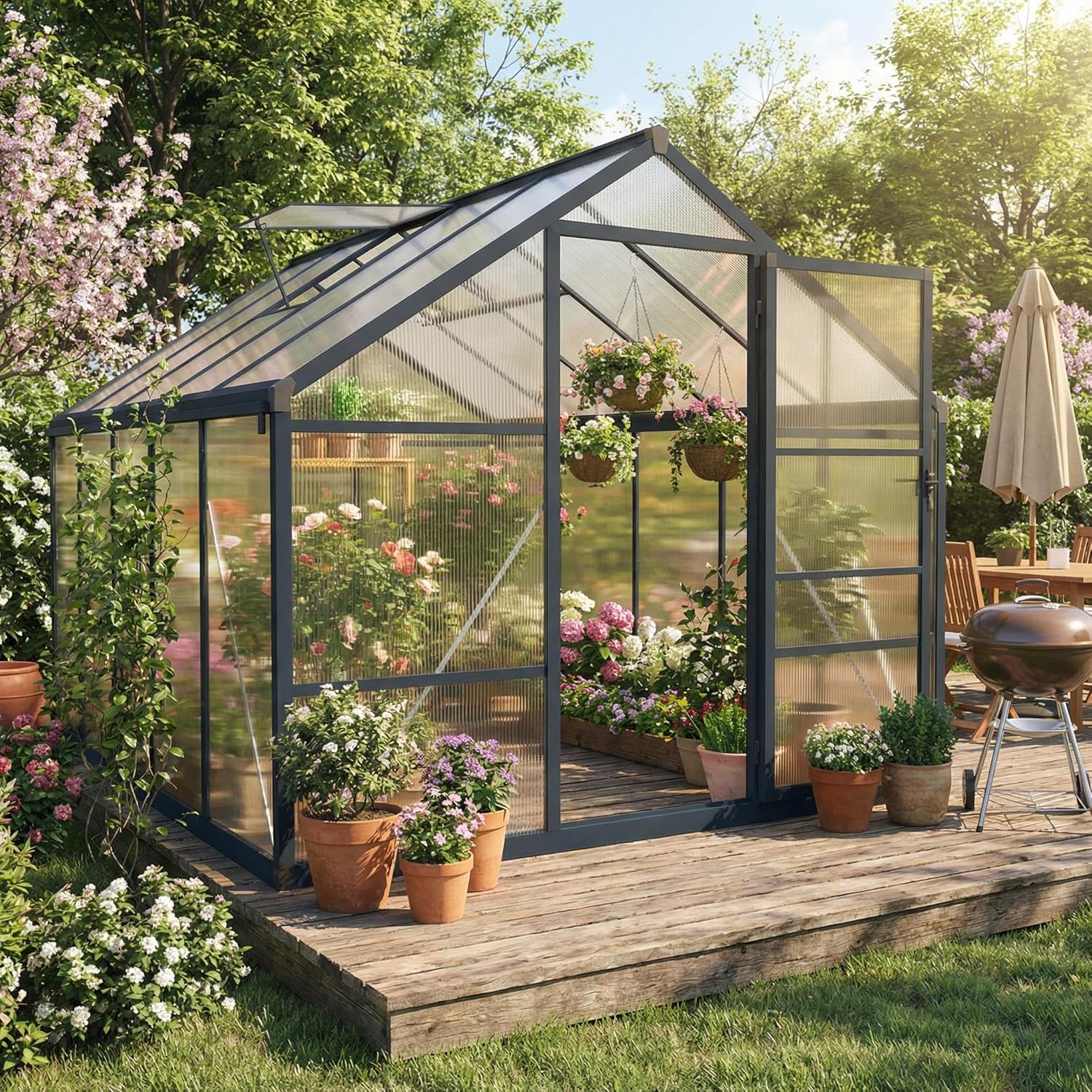8x10 FT Greenhouse, Polycarbonate Walk-in Greenhouse for Outdoors with Roof Vent & Lockable Outward-Opening Swing Door, Heavy-Duty Aluminum Green House for Garden, Backyard, Patio, Lawn, Dark Grey