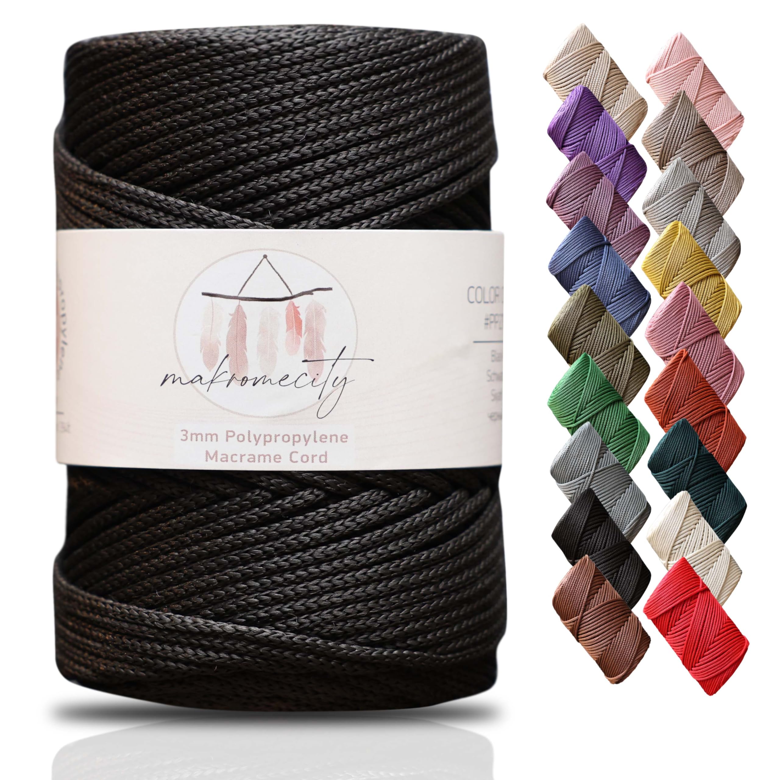 Makromecity, Premium Polyester Macrame Cord 3mm x 131 Yards (394 feet) 3mm Polypropylene Black Macrame Cord Crochet Macrame Bag Cord Crafts for Wall Hangings, Bags, Underplate, Rug