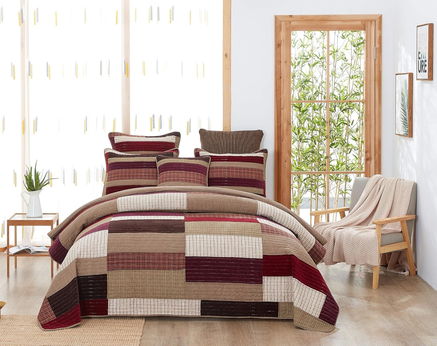DaDa Bedding Classical Desert Sands Reversible Real Patchwork Quilted Bedspread Set - Striped Autumn Warm Tones Brown Burgundy Multi-Color Print - Cal King - 3-Pieces
