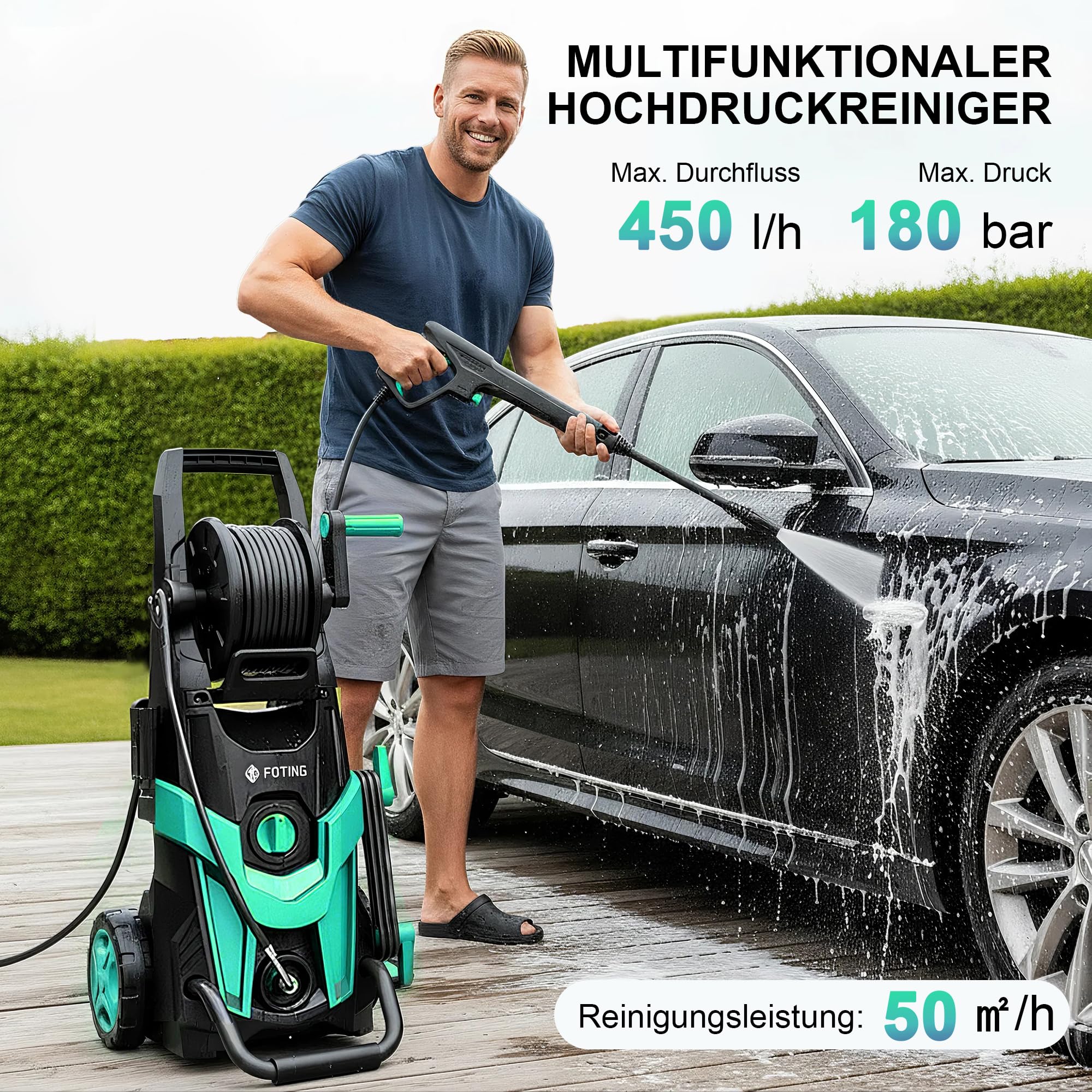 2026NEW Hochdruckreiniger 180 Bar, 450 l/h, Elektrischer Hochdruckreiniger mit 7 m Hochdruckschlauch, Schlauchtrommel, 500 ml Reinigungsmittelbehälter & 6-in-1-Düse, für Auto, Terrasse und Garten