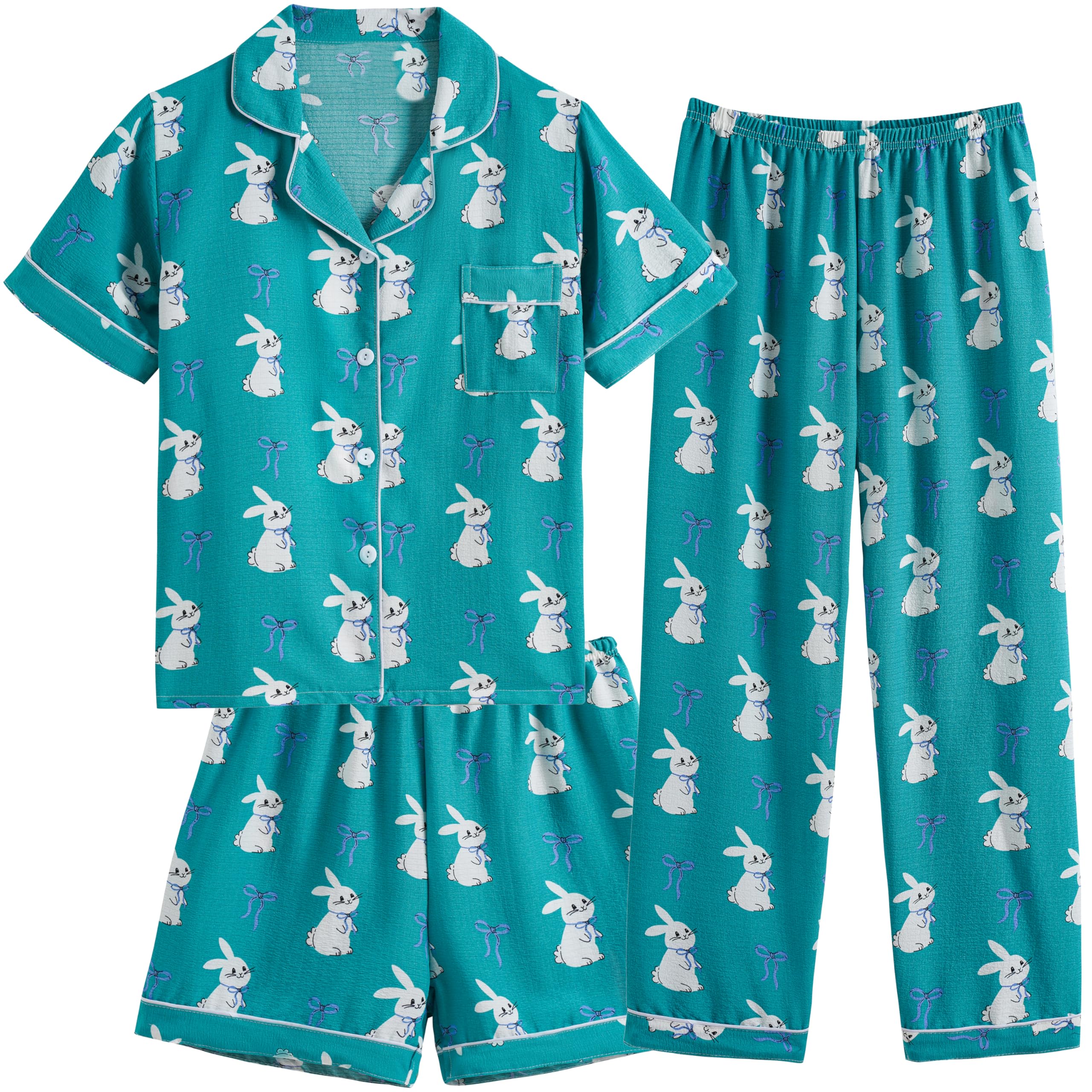 Hupohoi Big Girls Button Down Pajama Set 3pcs Crepe Fabric Sleepwear Nighty