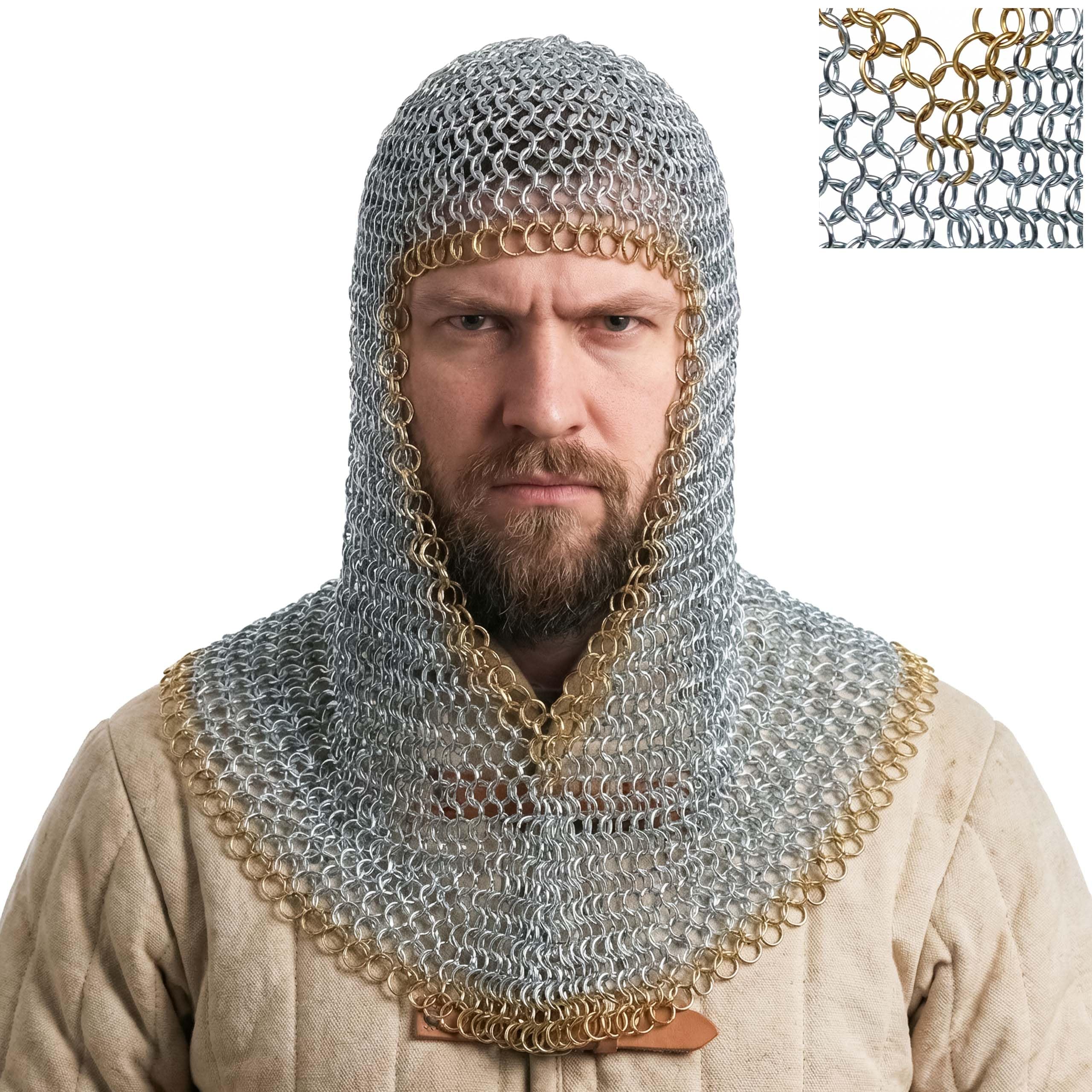 Mythrojan Chainmail Coif Hood with Brass Edges 10mm 16 Gauge Mild Steel Heavy Duty Viking Knight Armor for LARP, Cosplay, Renaissance Fairs, Reenactments - Silver, Large