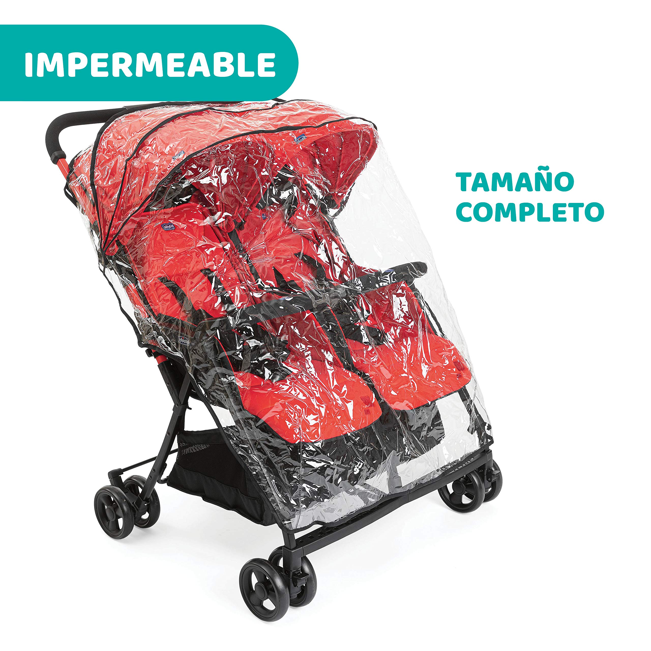 Chicco OHlalà Twin Silla de Paseo Gemelar desde 0 Meses hasta 15 kg para Gemelos y Hermanos, Cochecito Doble Reclinable y Plegable, Muy Ligero, Plegado Compacto, Cubierta para Lluvia - Color Rojo
