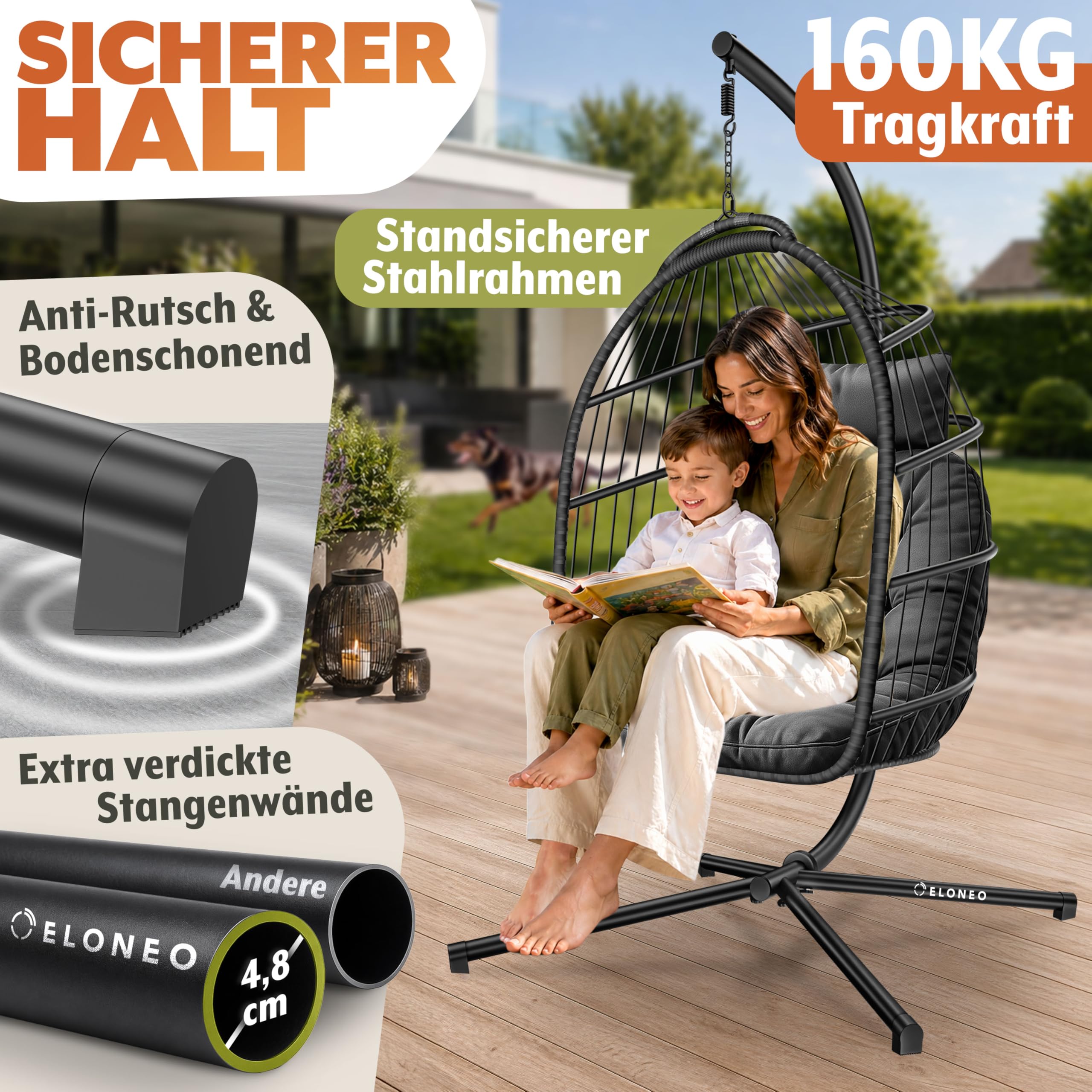ELONEO Hängesessel mit Gestell und Premium Polster, Hängesessel Outdoor und Indoor inkl. Abdeckplane, Hängeschaukel Outdoor belastbar bis 160kg, Hanging Chair, anthrazit