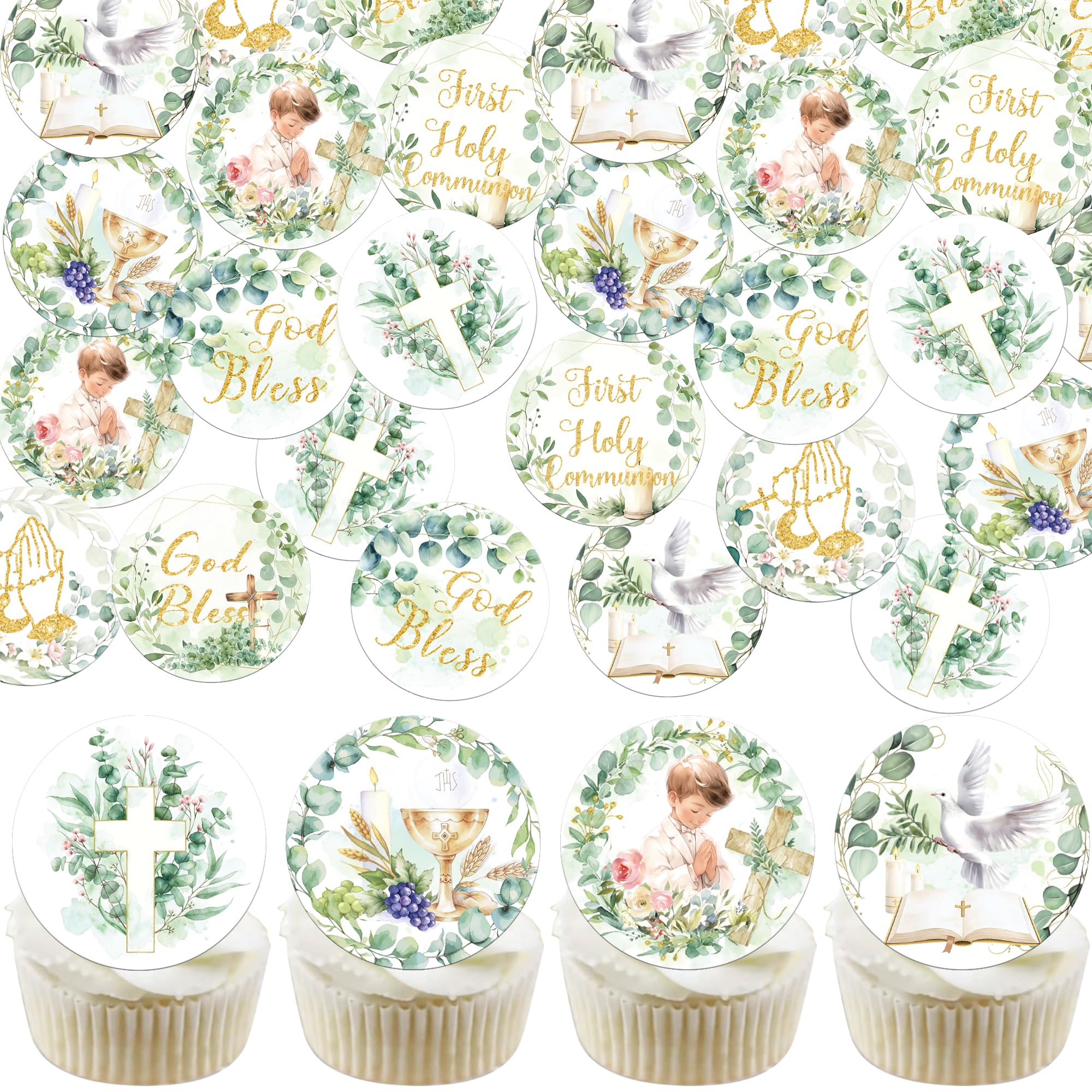 SYKYCTCY 60 Pack Edible God Bless Cake Toppers Edible Cross Drov First Holy Communion Baptism Cupcake Picks Christian Cake Decorations for Baby Shower Gender Reveal Religious Party Supplies