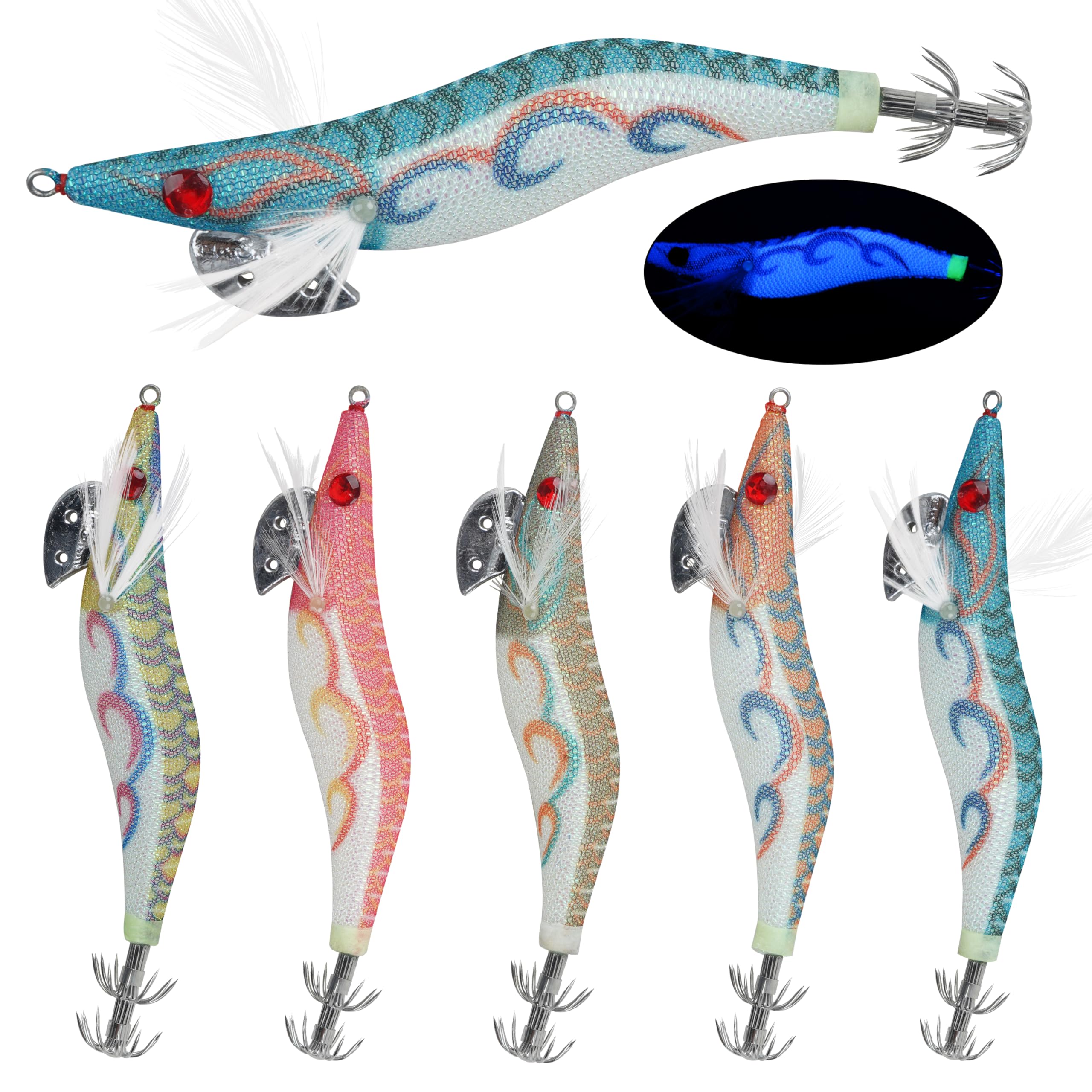 UV Squid Jigs Saltwater Fishing Lures,5pcs Glow Shrimp Prawn Lures Luminous Squid Jig Lures Artificial Cuttlefish Sleeve Jig Hooks Kit for Octopus Fishing