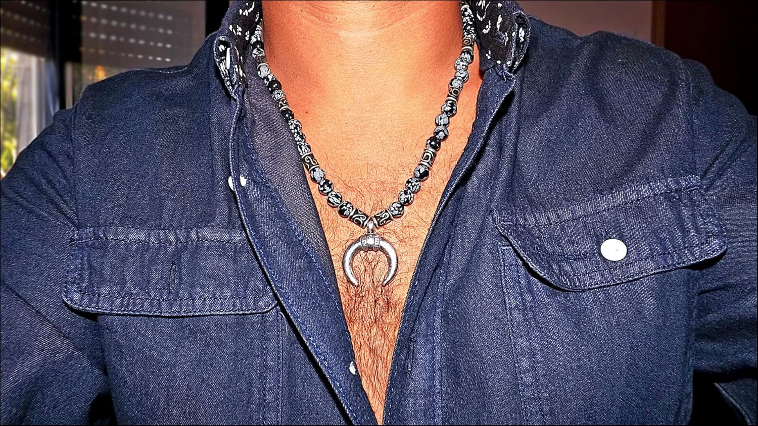 Liliya Jewelry Mens Snowflake Obsidian Necklace – Natural Black & White Gemstone Beads with Silver Crescent Moon Pendant – Tribal Surfer Jewelry – 22.5 Inch